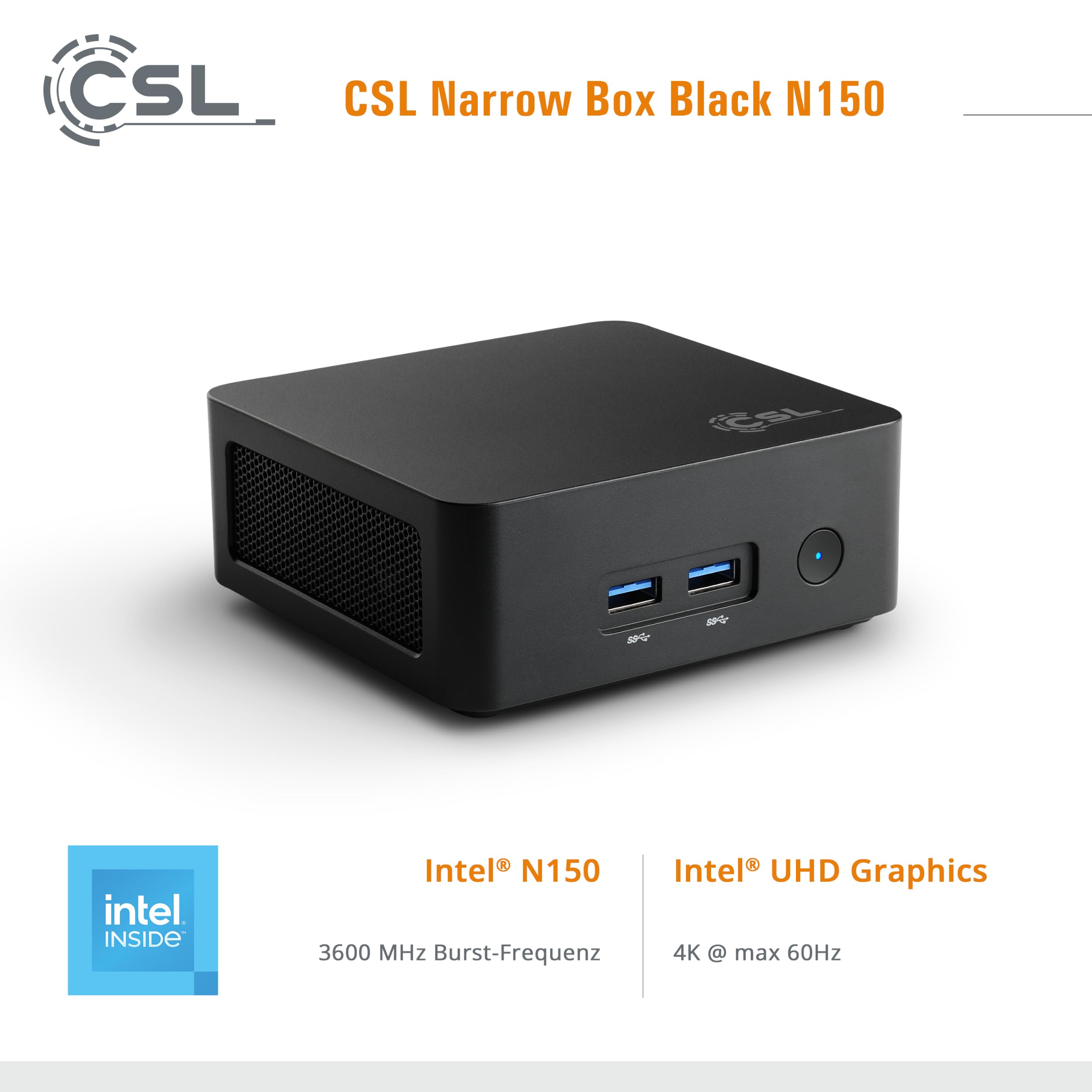 Mini PC CSL Narrow Box Black Windows 11 Home, Intel N150 4X 3600 MHz Turbotakt, 256 GB M.2 SSD, 8 GB DDR4-RAM, Intel UHD Grafik, HDMI 2, USB 3.2, BT 5.2, AX WLAN