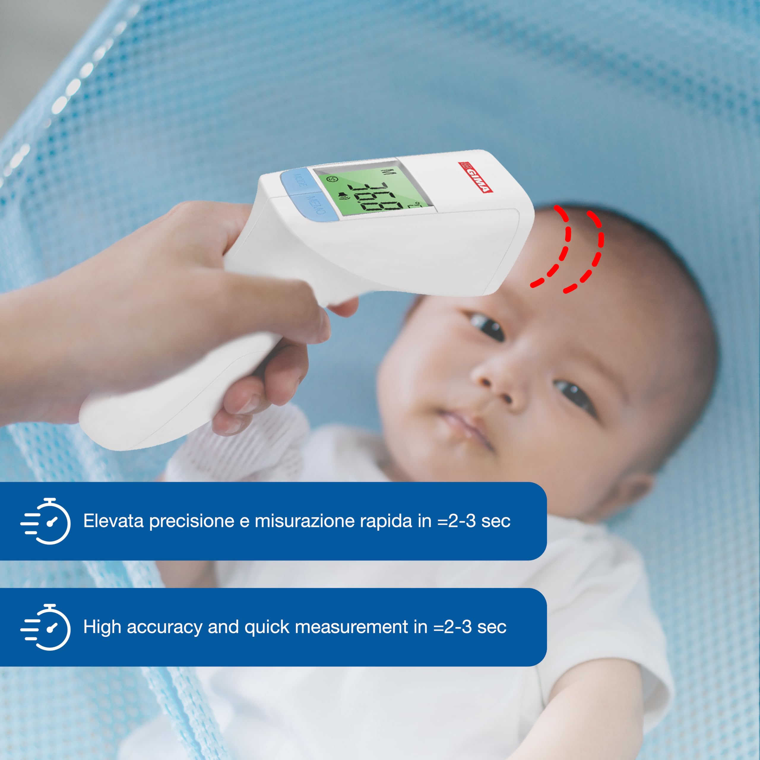 GIMA - GIMATEMP, Termometro Febbre Infrarossi, Termoscanner per Febbre e Termometro Frontale, Senza Contatto, Contact Less, per Corpo e Superfici o Oggetti, per Neonati, Bambini e Adulti, IT,DE,PT,SE