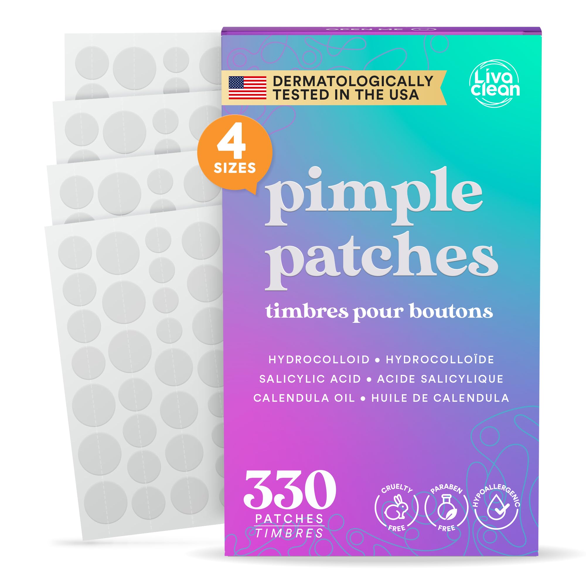 LivaClean 330 Count Pimple Patches for Face with Salicylic Acid, Tea Tree & Calendula Oil – 4 Sizes – Pimple Patches, Hydrocolloid Patch, Acne Patches, Zit Patches, Pimple Stickers