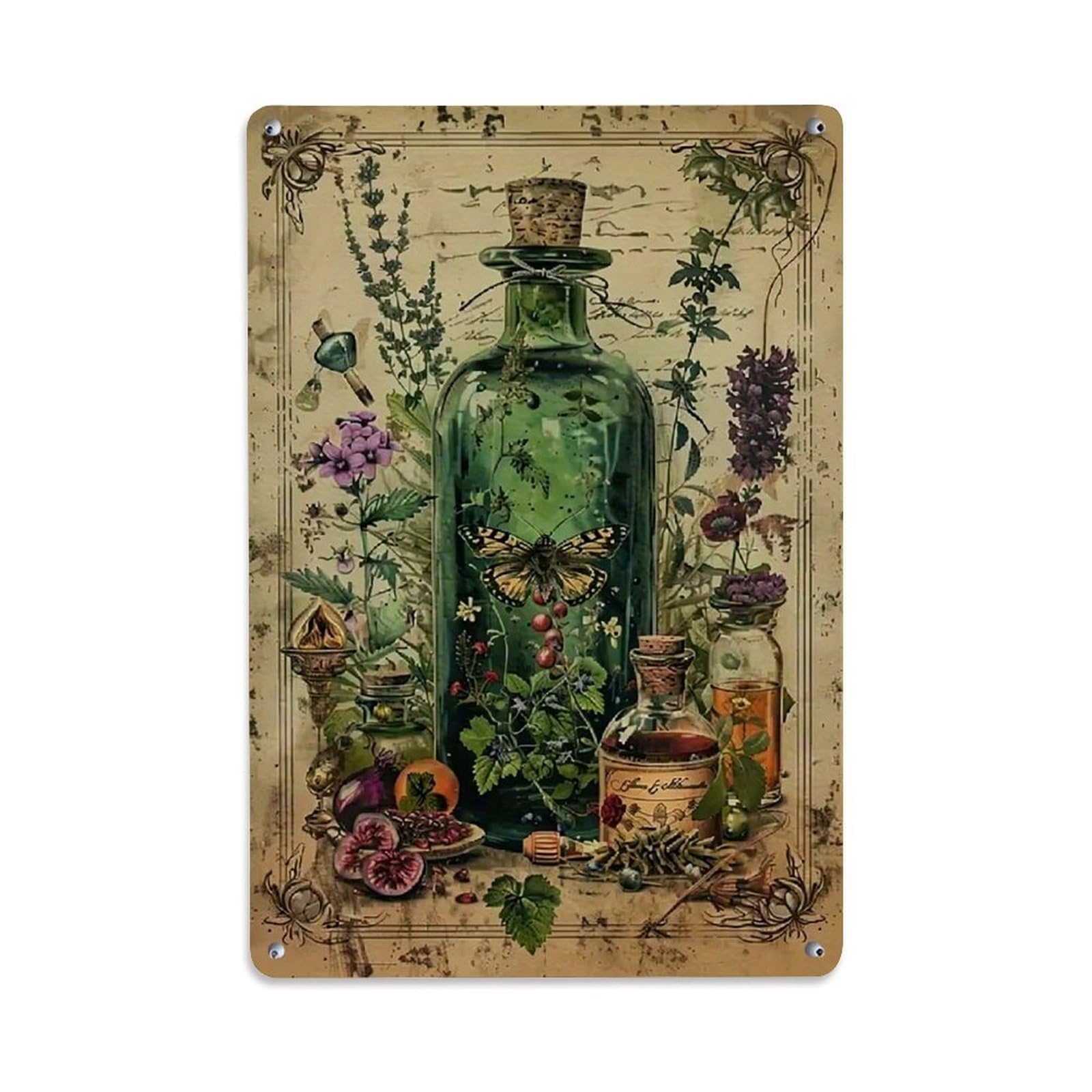 Nestemfo Vintage Botanical Bottle Butterfly Illustration Tin Sign Metal Sign, Living Room,Bar, Home, Bedroom Wall Decor,Retro Metal Poster 8X12 Inches