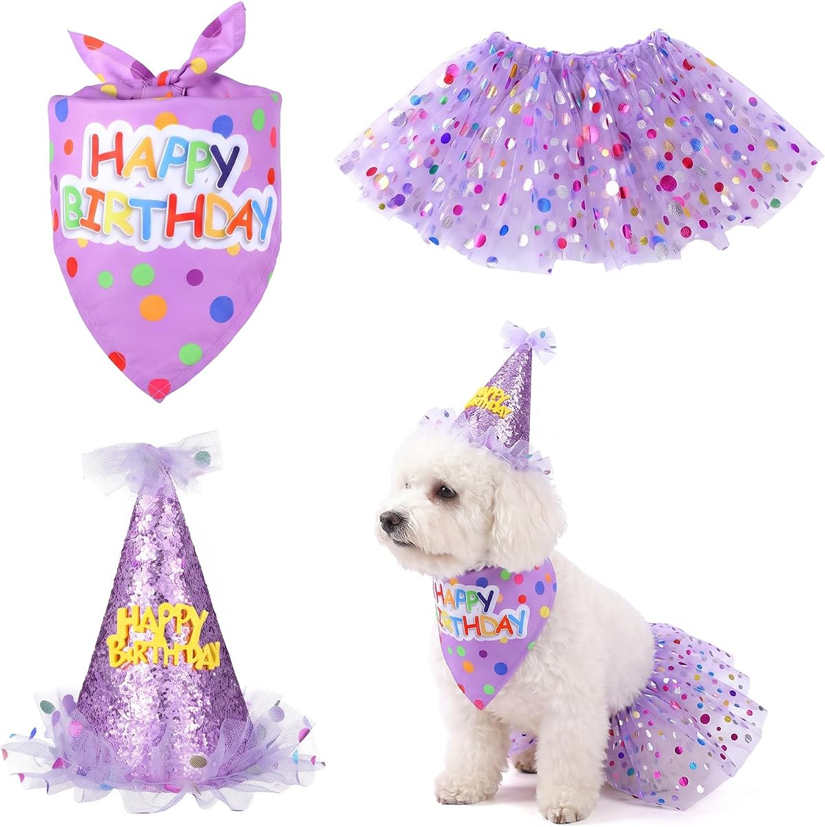 Amabro Dog Birthday Bandana Hat Tutu Dress Set Purple Pet Party Outfit Pupy