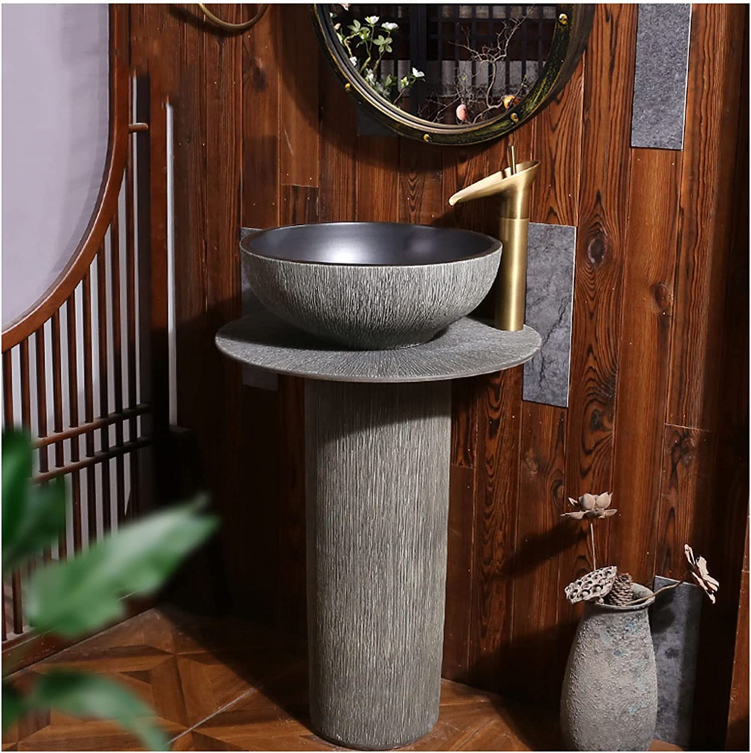 OLSKFUH Freestanding Pedestal Sink Floor Standing Art Sink Pedestal Sink, Contemporary Bathroom Sinks, Compact Corner Sinks, Home Bathroom Kaolin Clay Vessel Sinks Combo For Indo,A-Full Set