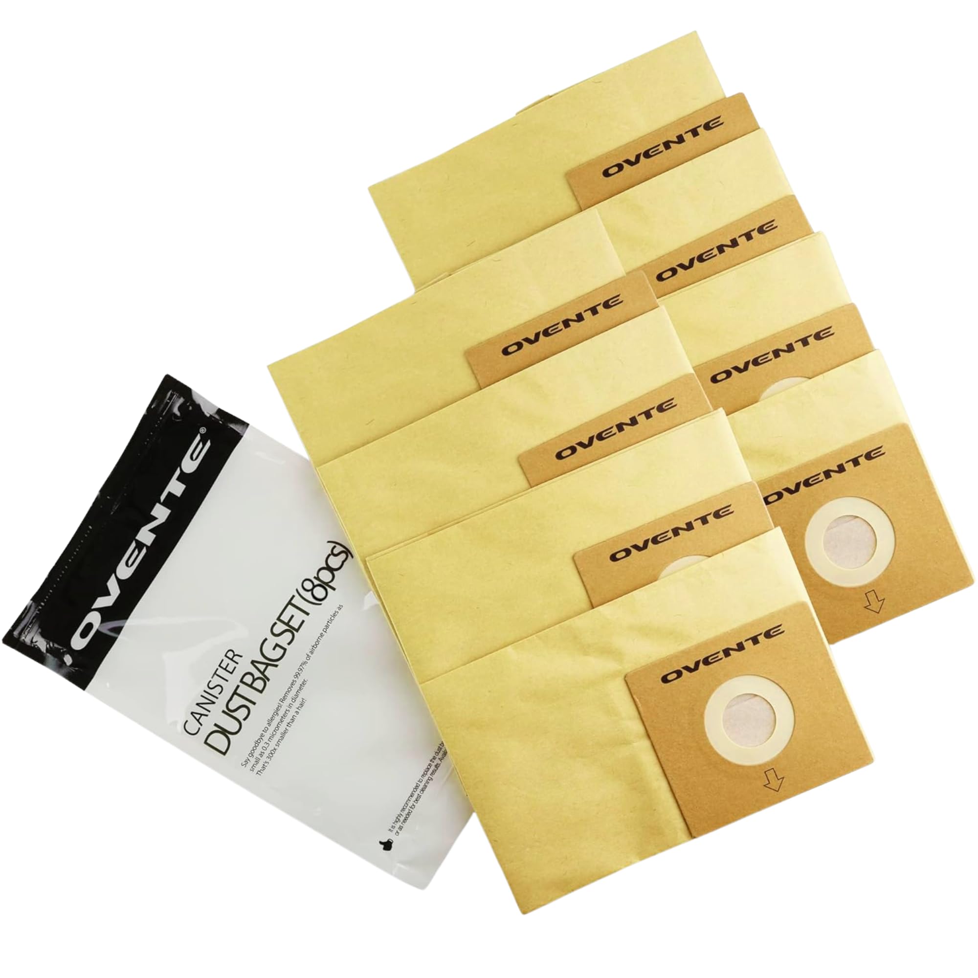 Ovente 8-Pack Premium Disposable Compact Dust Bag Replacement with 99.9% Ultra Filtration, Fit for ST1600 Canister Vacuum Cleaner Model Series Large Size and Easy Storage, Brown ACPST16708