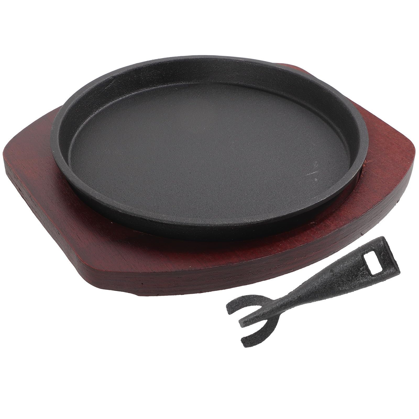 Assiette à Steak en Fer Épais Ronde 1 Set avec Base en Bois | Plat de Service Usage Maison Couleur Aléatoire Conserve la Chaleur Finition Antiadhésive pour Restaurant