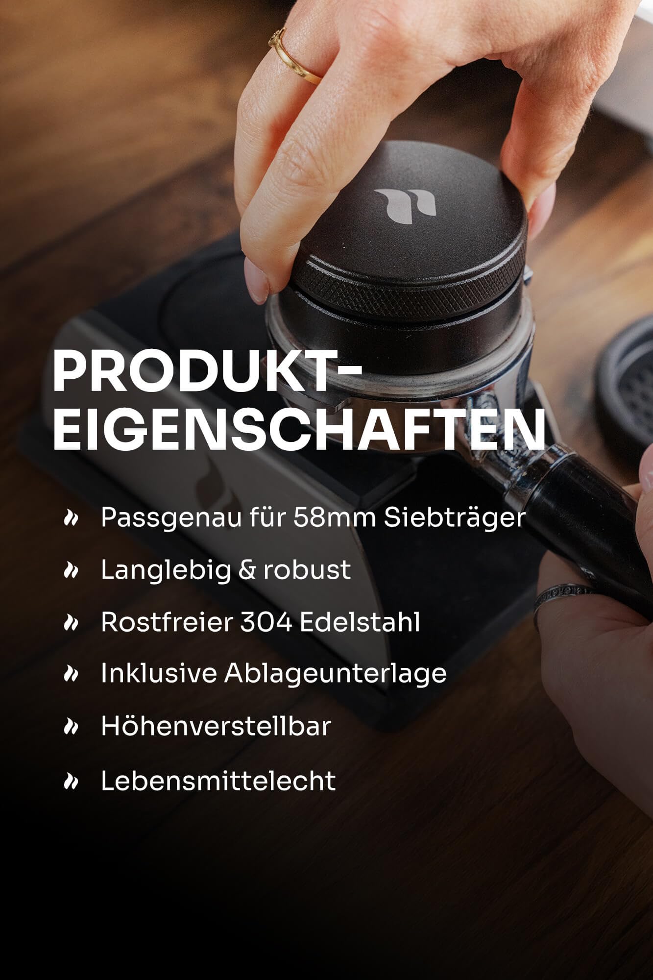 roastmarket Espresso Leveler 58mm | Höhenverstellbarer Kaffeeverteiler aus Edelstahl | Barista Zubehör für Siebträgermaschine | inkl. Silikonablage | Ideal für gleichmäßige Espresso-Extraktion