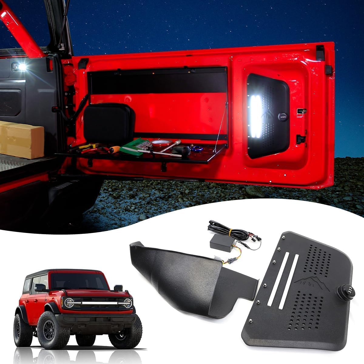 Tailgate Access Panel with Light Hidden Organizer for Ford Bronco 2/4 Door 2025 2024 2023 2022 2021, Trunk Cargo Lamp Storage Insert with Combination Lock Interior Accessories Tailgate Access Panel with Light Hidden Organizer for Ford Bronco 2/4 Door 2025 2024 2023 2022 2021, Trunk Cargo Lamp Storage Insert with Combination Lock Interior Accessories