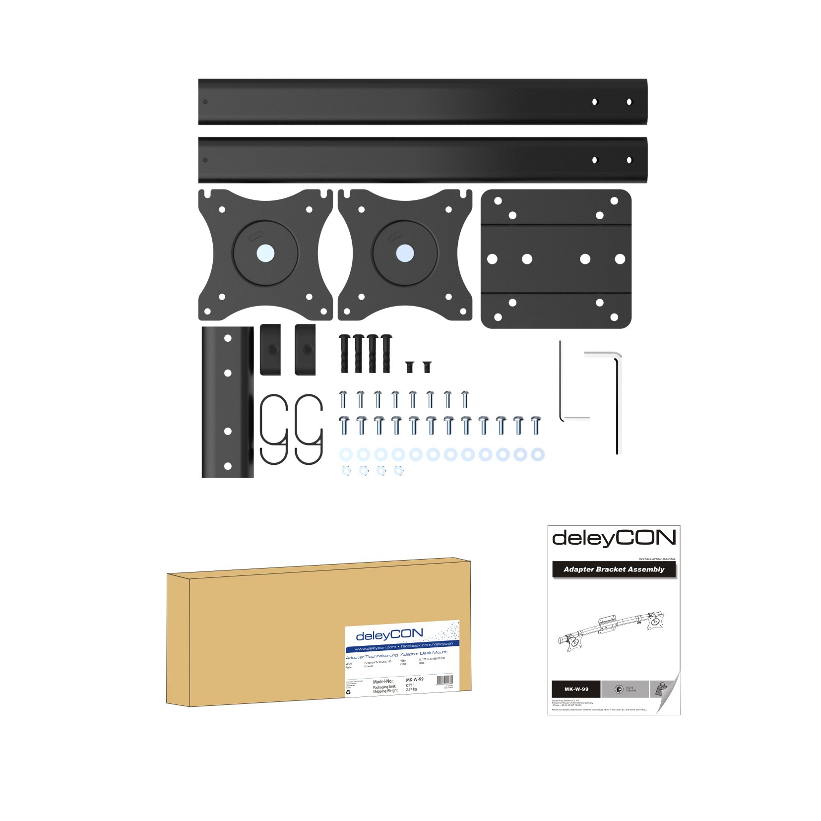 DeleyCON Adattatore Doppio Monitor VESA - Per 2 Schermi Da 13-27 Pollici Fino A 10kg Ciascuno, Da Montare Su Braccio Esistente - Foto 6