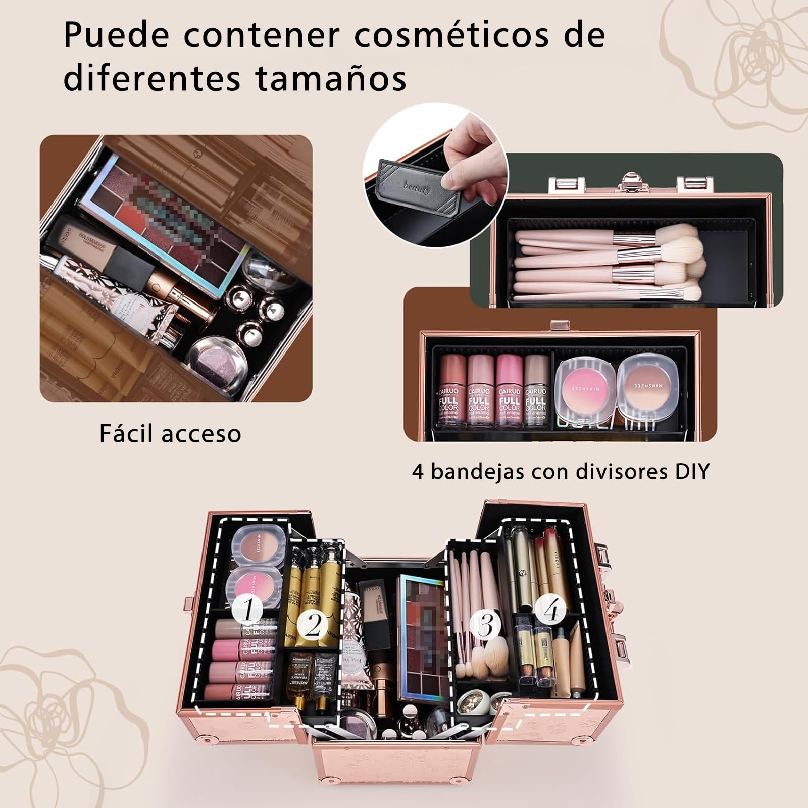 Maletín Maquillaje Cosméticos Estuche Maquillaje y 4 Tarias Maleta de Makeup Case Estuche Organizador Estuche de Uñas Joyero y Manicura Beauty Case de Viaje para Mujer Profesional, Rosa Oro