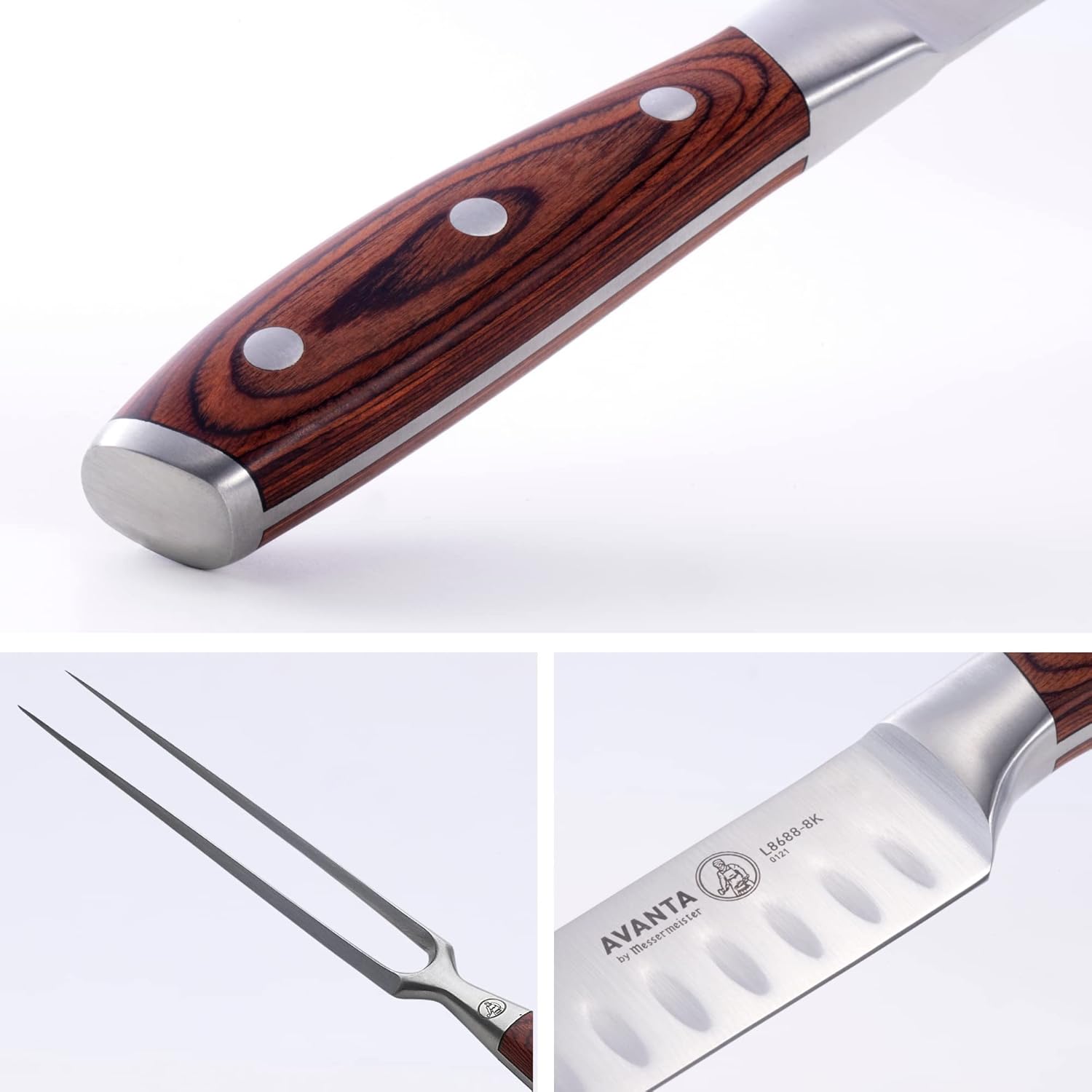 Messermeister Avanta Forged Variety Set - Includes 4 Fine-Edge Steak Knives + Kullenschliff Carving Set with Knife & Fork - German X50 Stainless Steel - Rust Resistant & Easy to Maintain - 6 Pieces