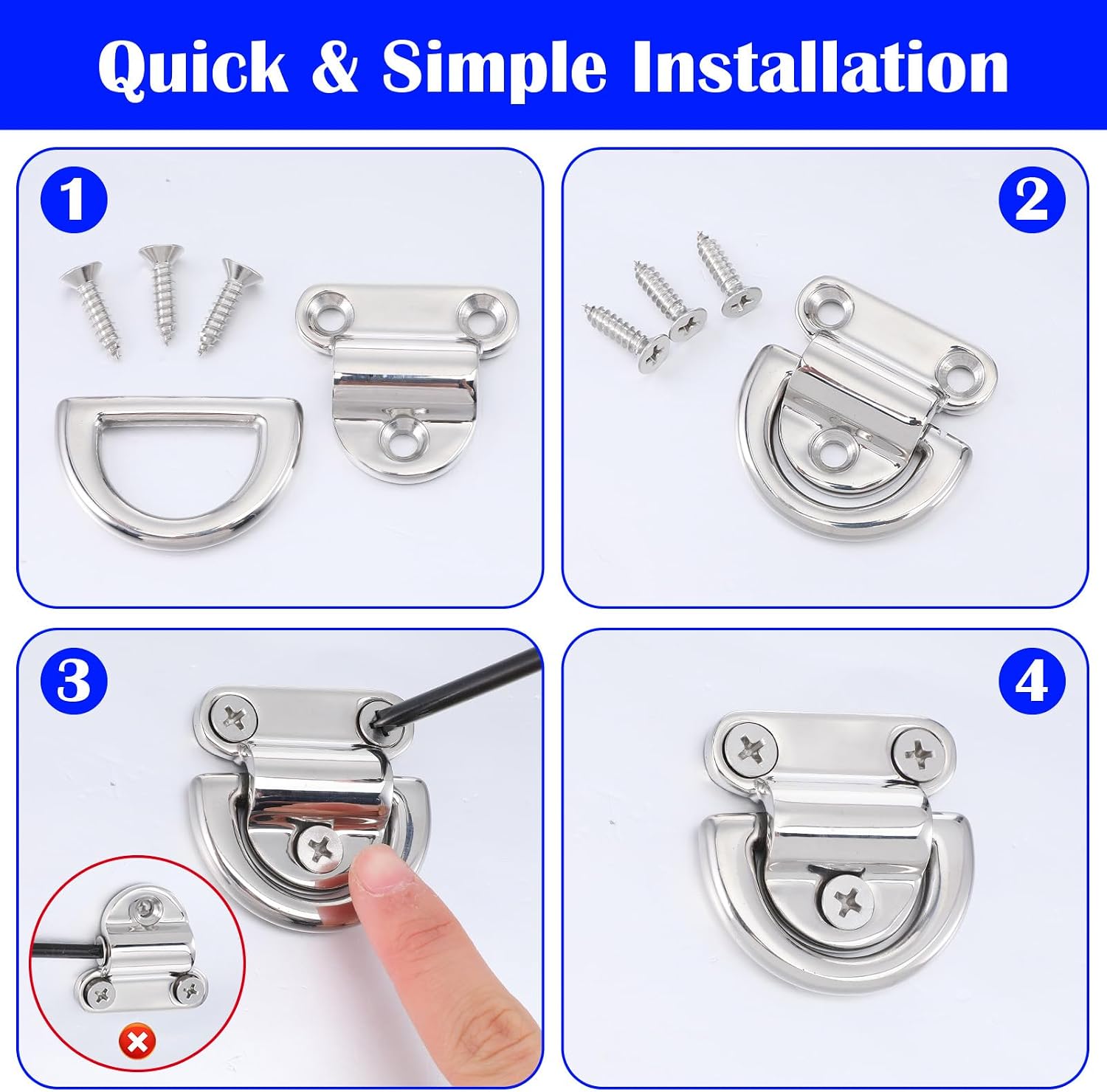 5-Pack Heavy Duty Stainless Steel D-Ring Tie Down Anchors – 1/4” Surface Mount with Screws for Trucks, Trailers & Boats