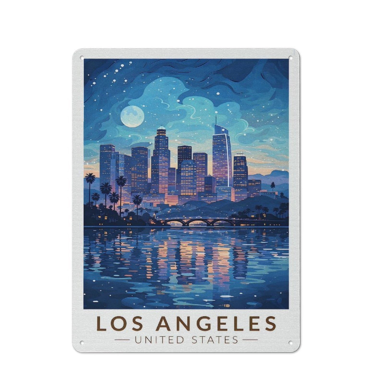 Junmoney Style-19 Classic Los Angeles Skyline At Night Metal Wall Art Sign 40X30cm, Vintage Wall Decor For Lounge, Study, Pub Or Wall Gallery