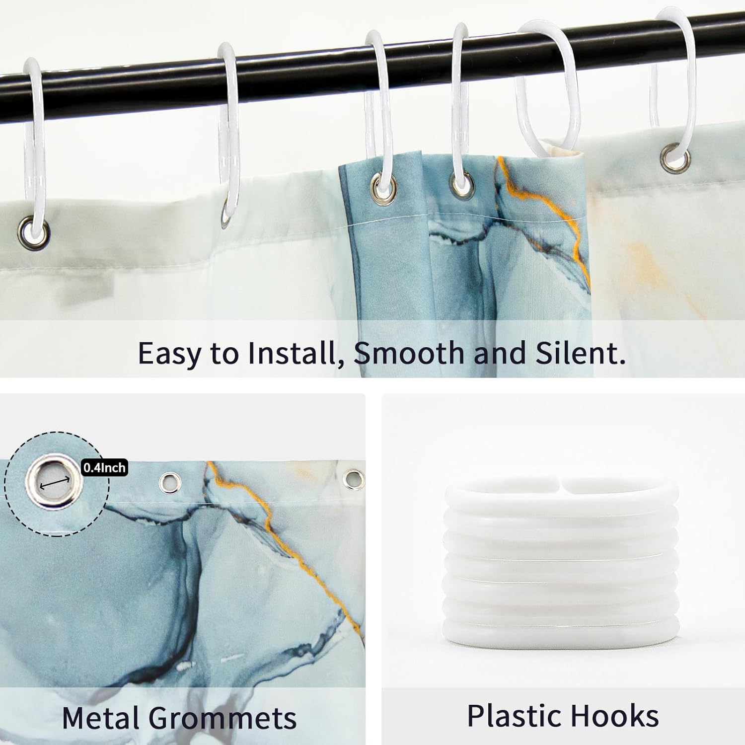 Gibelle Extra Long Shower Curtain 72 x 84, Tall Abstract Grey Blue Marble Shower Curtain, Modern Ink Art Waterproof Fabric Shower Curtain Set with Hooks