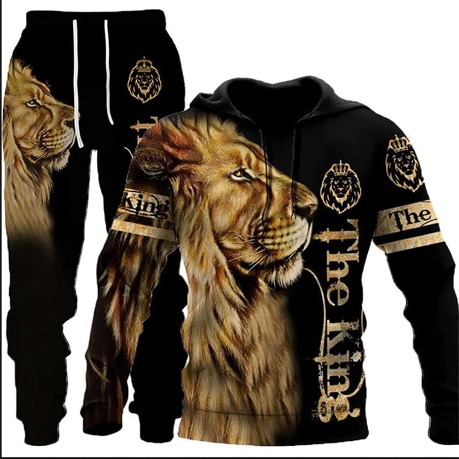 hiegi Men's Athletic 2-Piece 3D Lion Tiger Wolf Tracksuit Casual Jogging Sweat Suit Set, F6, XXXXL