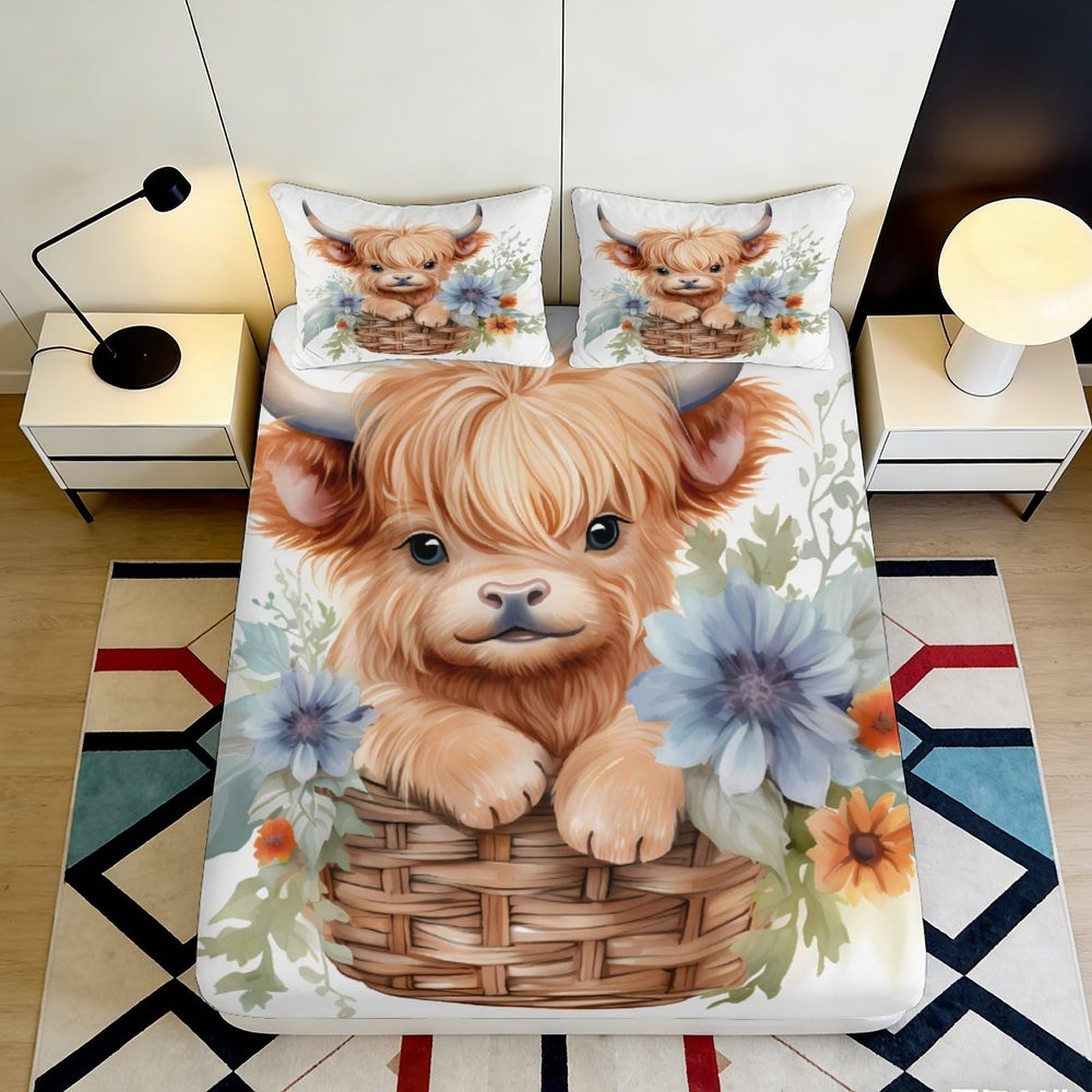 3D Printed Highland Cow Fitted Sheet Microfiber Soft Breathable Floral Basket Bed Cover for Bedroom Dormitory Guest Room Mattress Protection 160x200x25cm