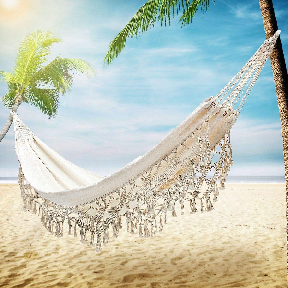 Hammock, Handmade Organic Cotton Classic Hammock Macrame Fringe Tree Hammocks Swing Bed for Camping,Beach,Bedroom, Patio,Patio, Porch, Outdoor,Indoor,Wedding Decor,Yard