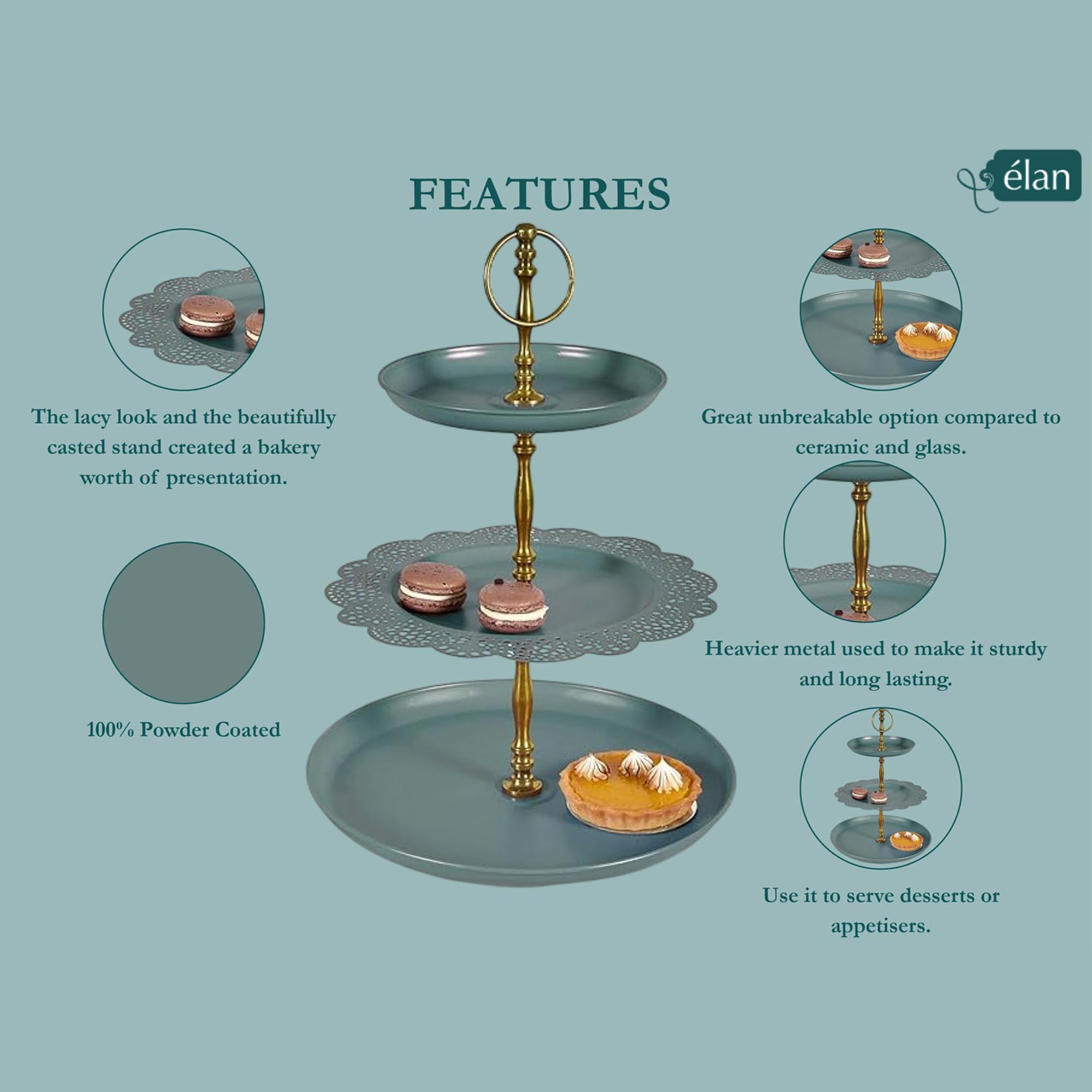 Elan 3 Tier Cupcake Stand for Birthday, Wedding Party Metal Round Shape (Flourish, Moss Green)