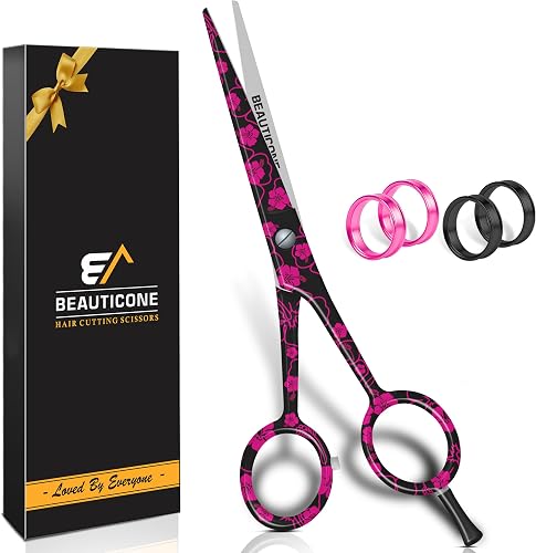 BEAUTICONE ® Hair Cutting Scissors - High Carbon SS 6.5" Professional Barber-Grade Salon Shears with Serrated & Razor Edge - Black Premium Gift Box with Leather Pouch & Extra Accs - Ultra Lightweight