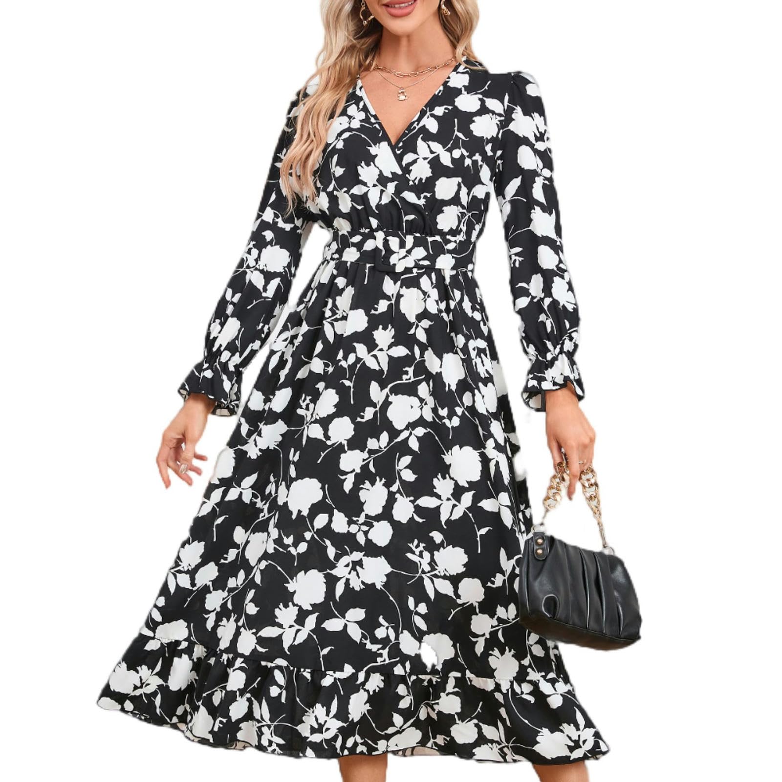 Robe imprimée à col en V résolvant le manque d'élasticité