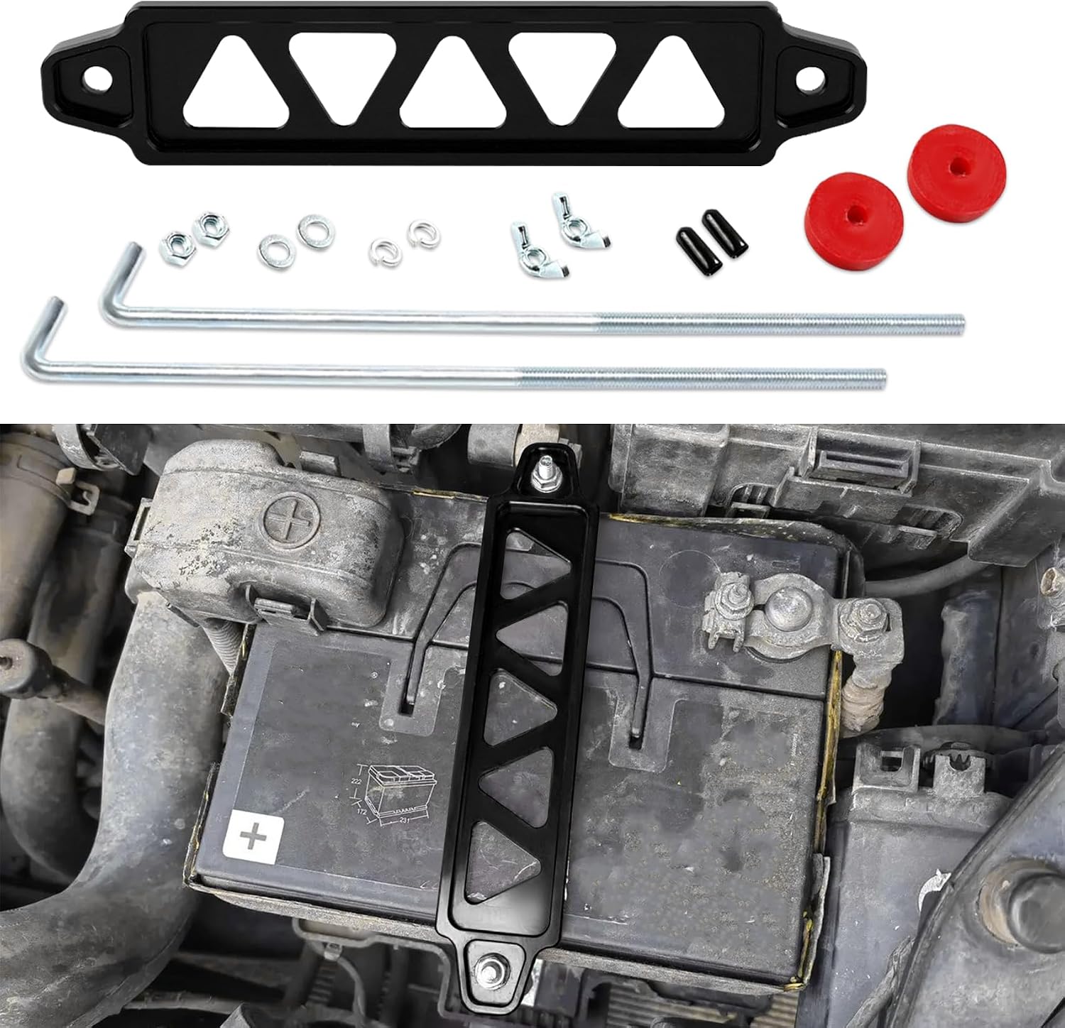 ASUBHA Battery Hold Down Sets, Aluminum Alloy Battery Tie Down Mount Bracket, Battery Hold Down Bracket with J Bolts, Universal 8.5" Triangular Five-Hole Car Battery Holder Kit for Car, SUV, RV