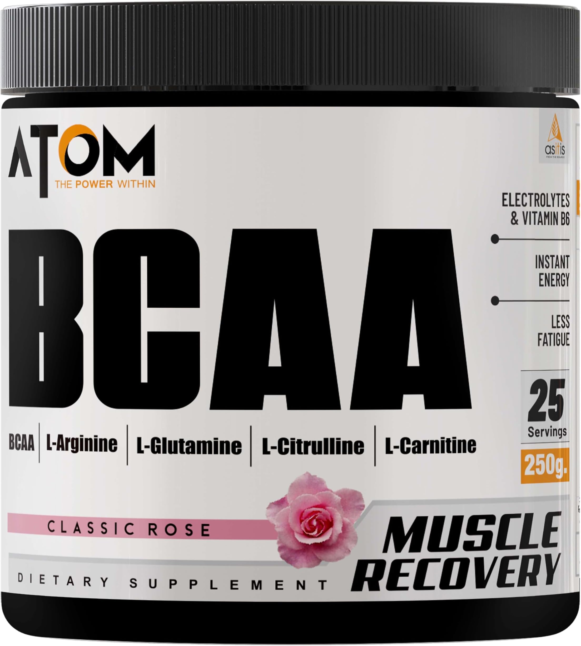 AS-IT-IS ATOM BCAA 250g with L-Arginine, L-Carnitine, L-Citrulline for Energy Burst & Athletic Performance, Classic Rose