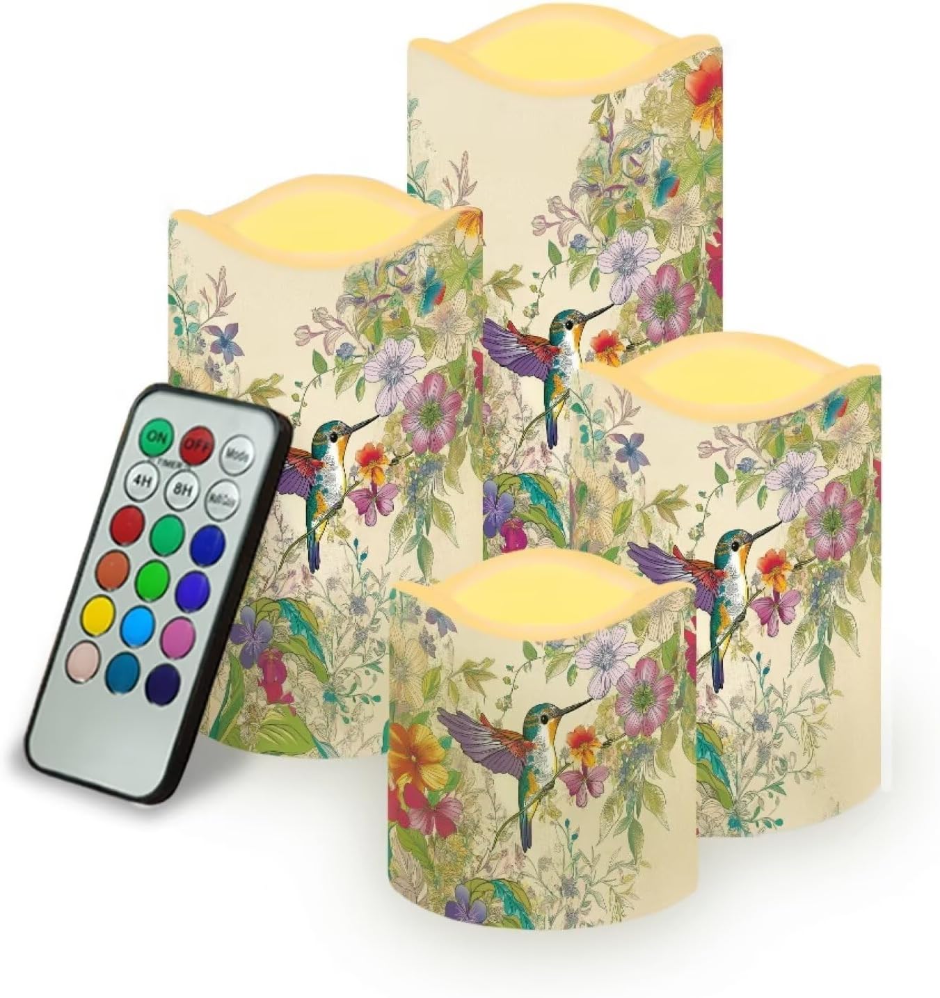 Cozeyat Pastel Floral Decorative Flameless Candles 4 Pack LED Pillar Candles Battery Operated with Remote Control Timer Color Changing Waterproof for Home Wedding Decor