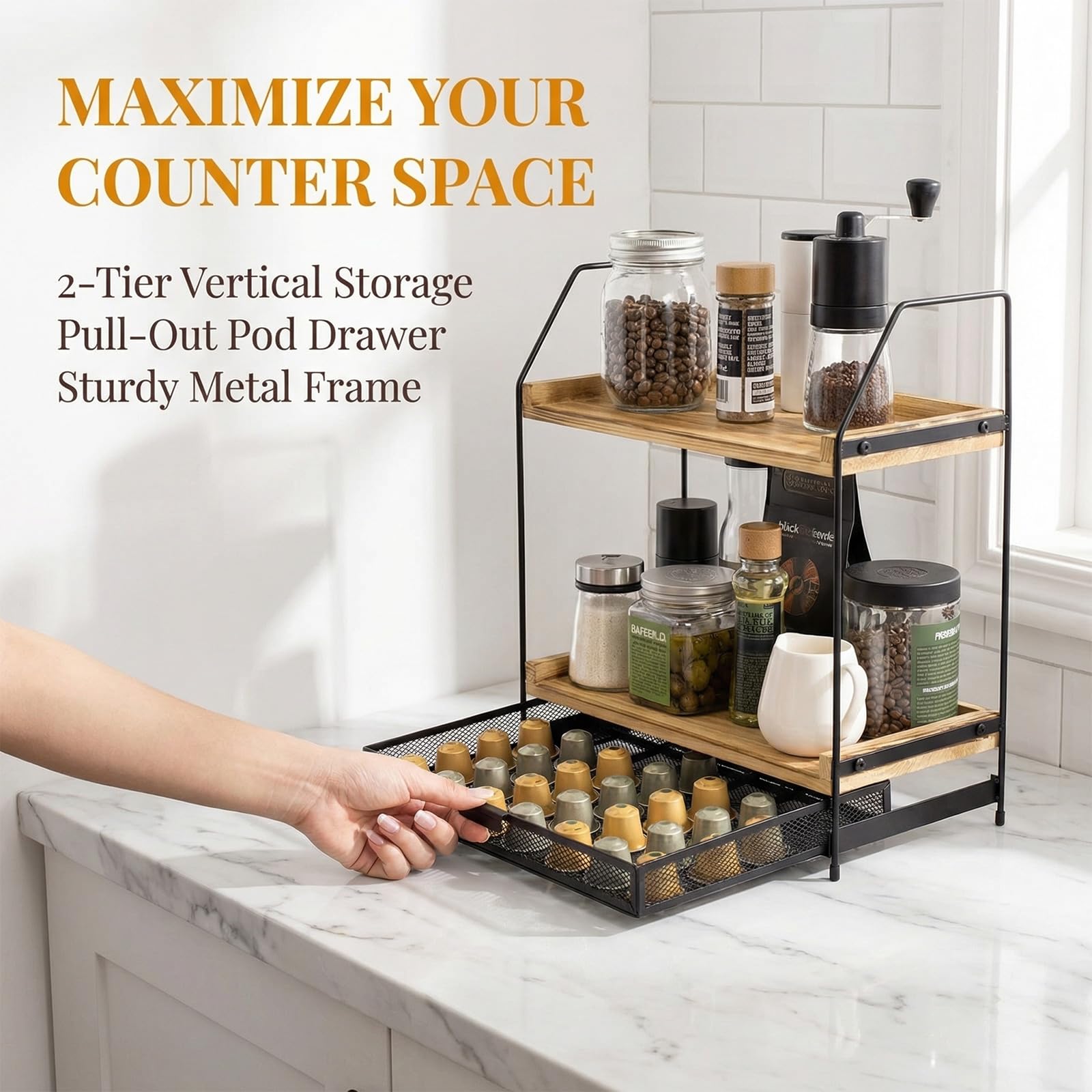 Organizador de estación de café para encimera, organizador de accesorios de barra de café de madera de 2 niveles con caja de almacenamiento, estante grande de encimera de cocina para jarabe de café
