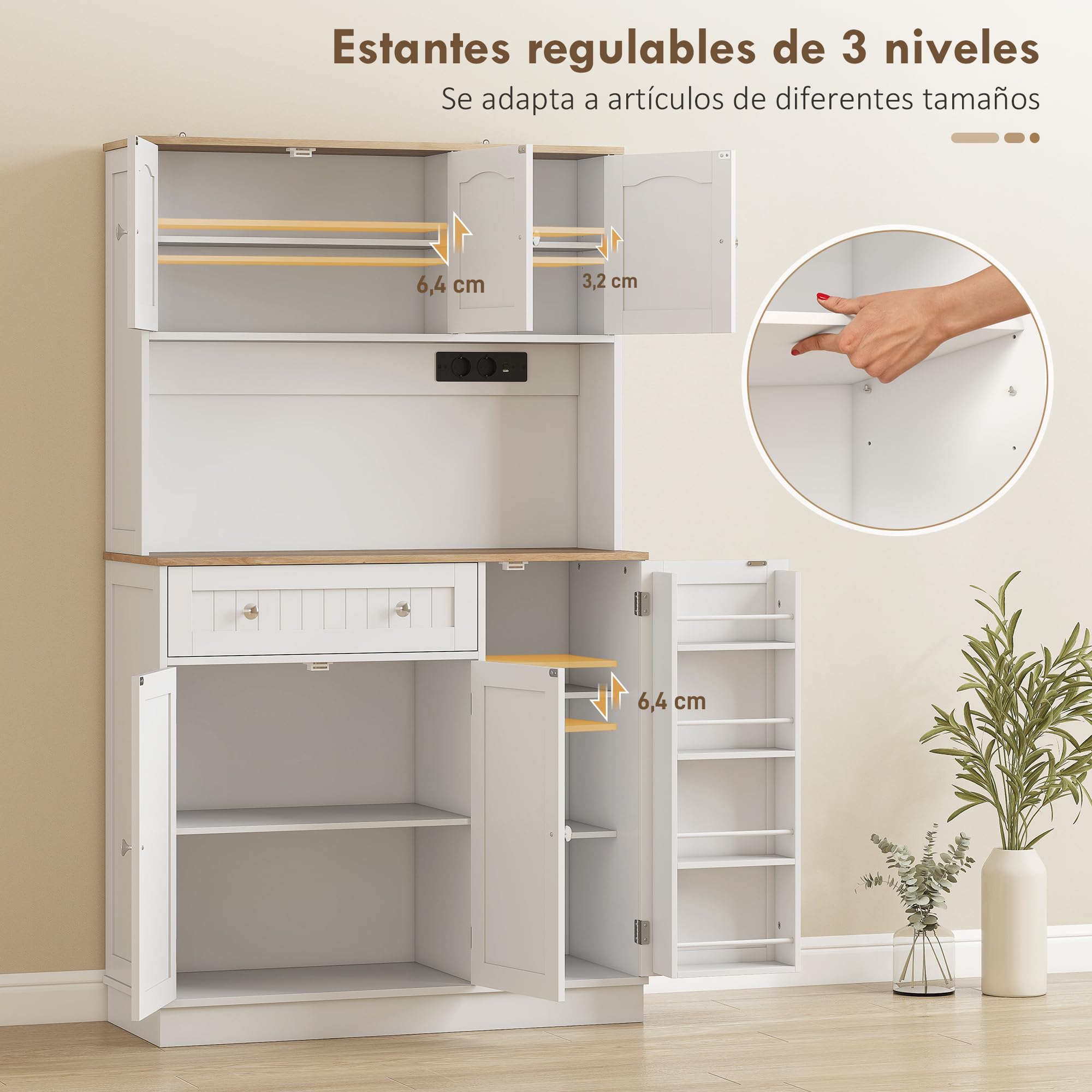 HOMCOM Alacena de Cocina Alta con Estación de Carga 100x40x173 cm Blanco | Mueble Auxiliar de Cocina, 6 Puertas, Cajón, Estantes Ajustables, 4 Estantes para Especias, Encimera Amplio