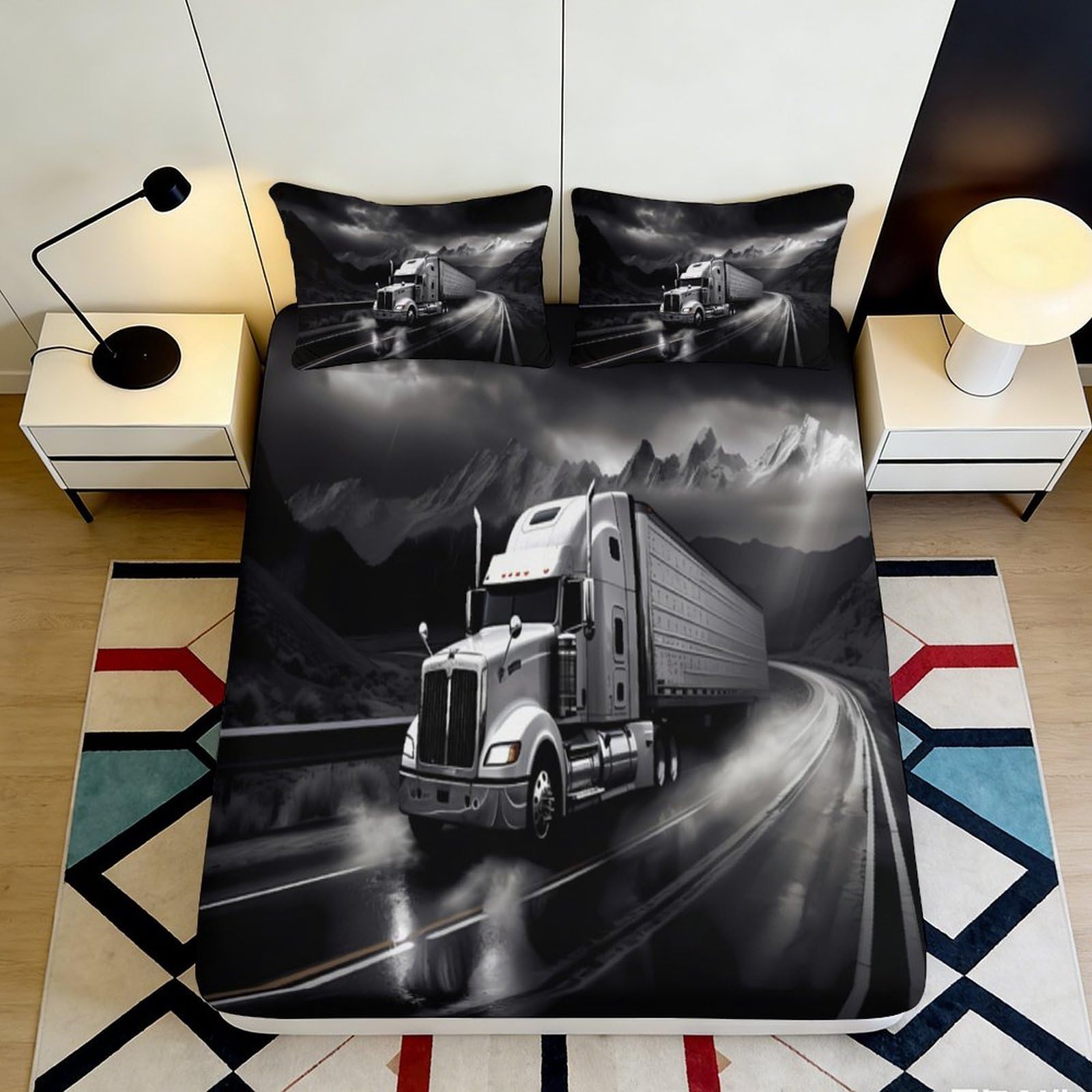 3D Printed Black Truck Design Fitted Sheet Microfiber Durable Breathable Stormy Highway Bed Cover for Bedroom Dormitory Mattress Protection 200x200x25cm