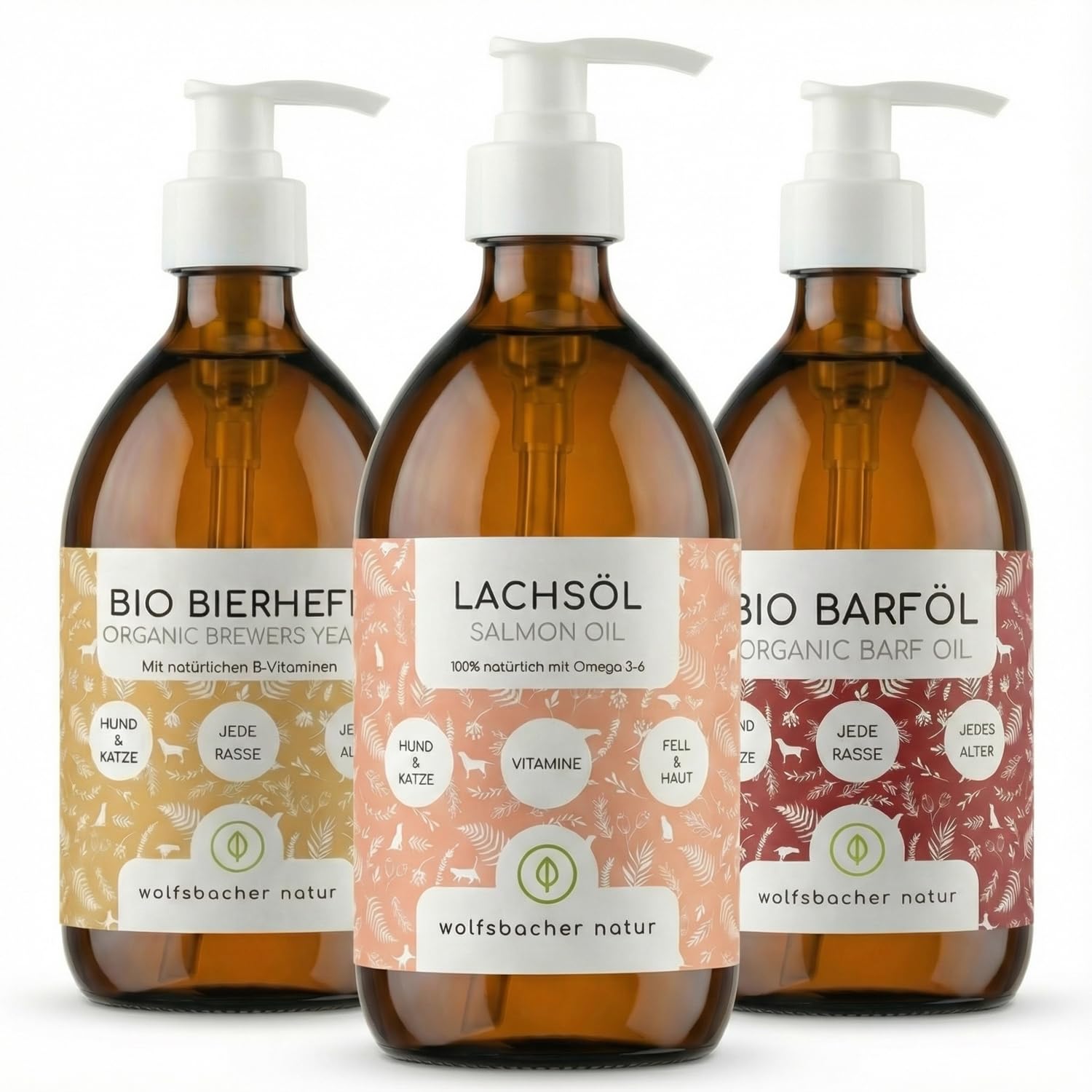 Futteröl Set für Hunde und Katzen | 3 x 500ml | Bio Barf-Öl, Lachsöl, Bio Bierhefe