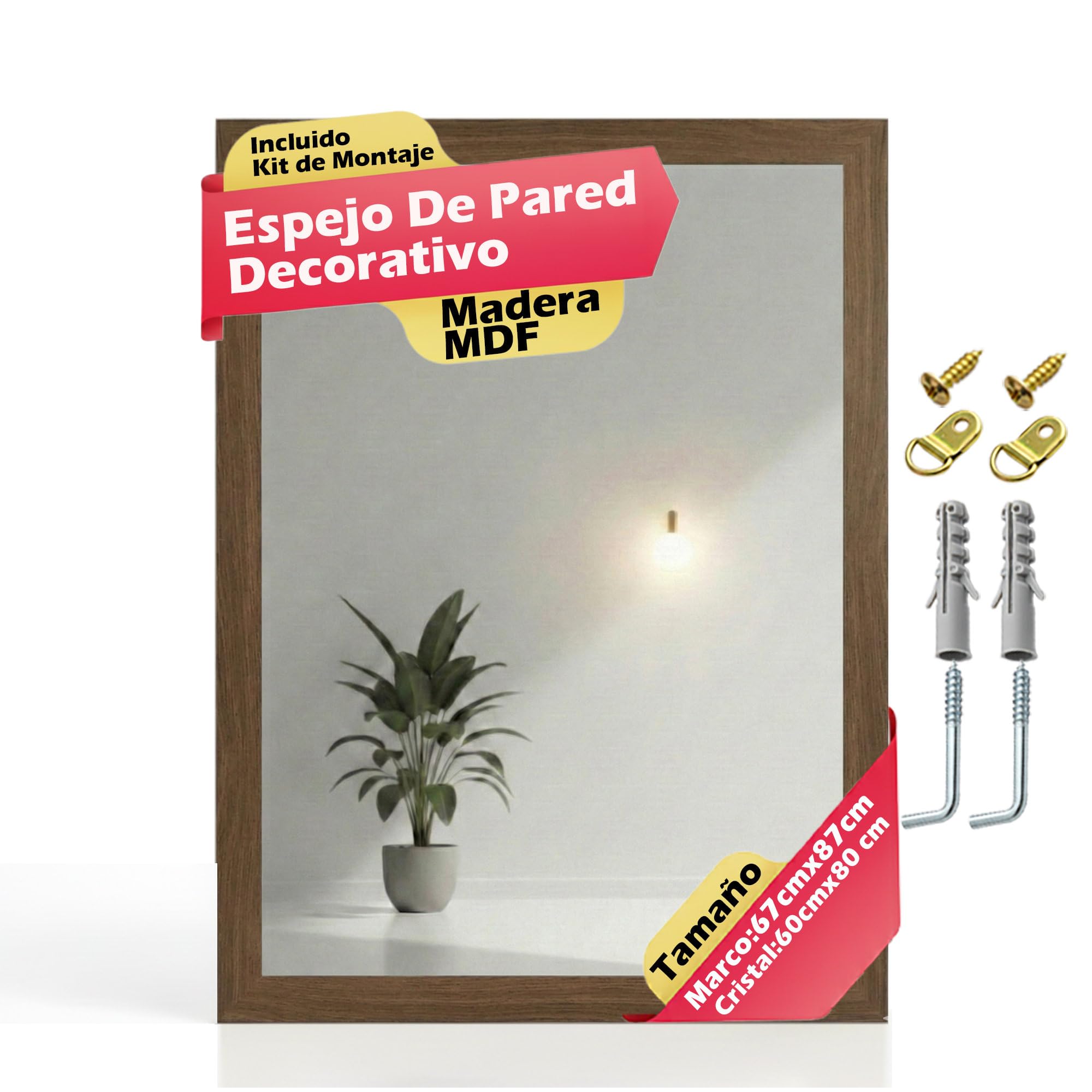 CHELY INTERMARKET MOD128 Espejo Pared Vertical Decorativo Grande Estilo Moderno Marco Madera Cuerpo Entero Elegante 60x80 cm Nogal Ideal Recibidor Dormitorio Baño Incluye Kit Montaje