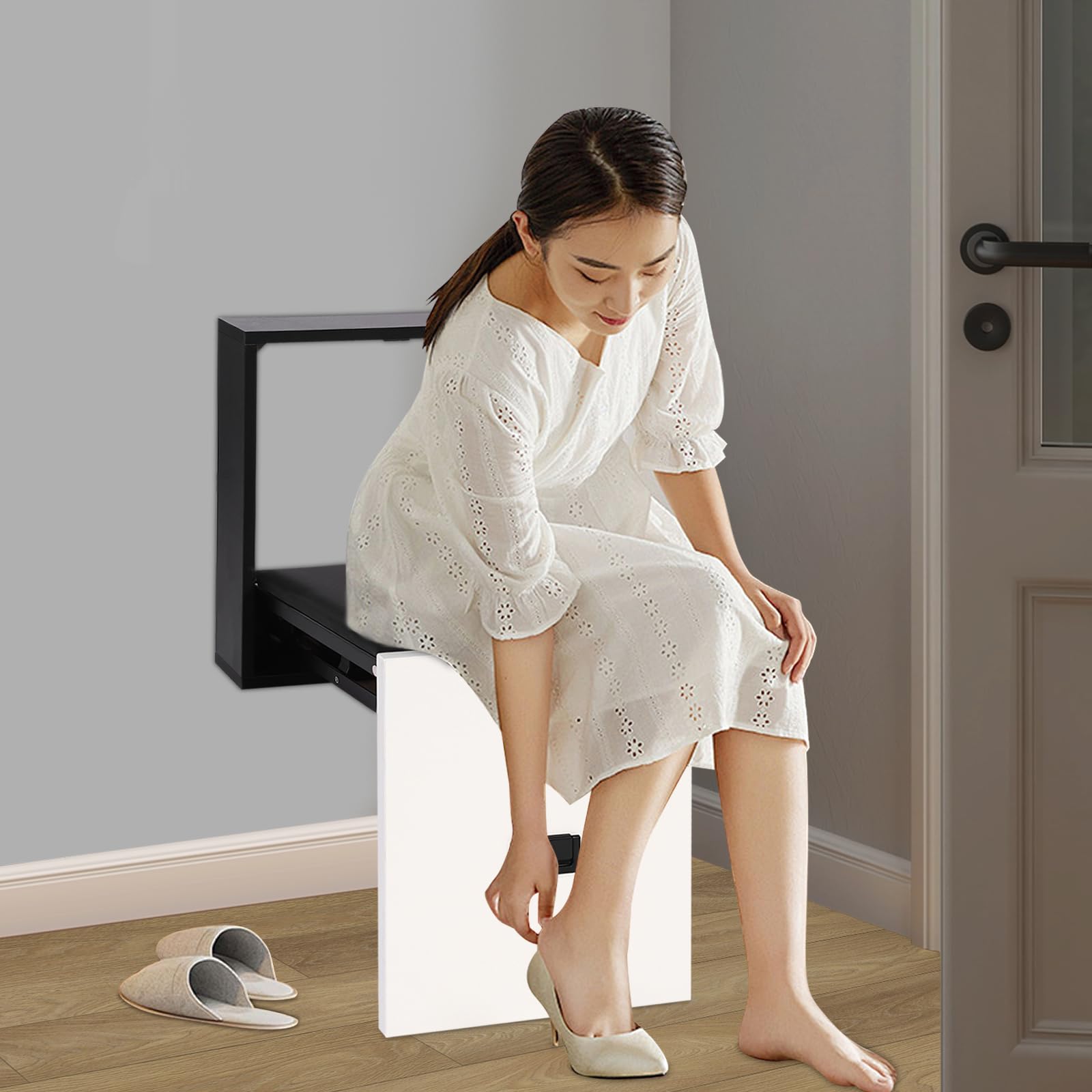 Silla plegable de pared, taburete de pared, taburete de cambio de zapatos montado en la pared, soporta hasta 150 kg, taburete oculto para cambios rápidos de zapatos o pausas de descanso