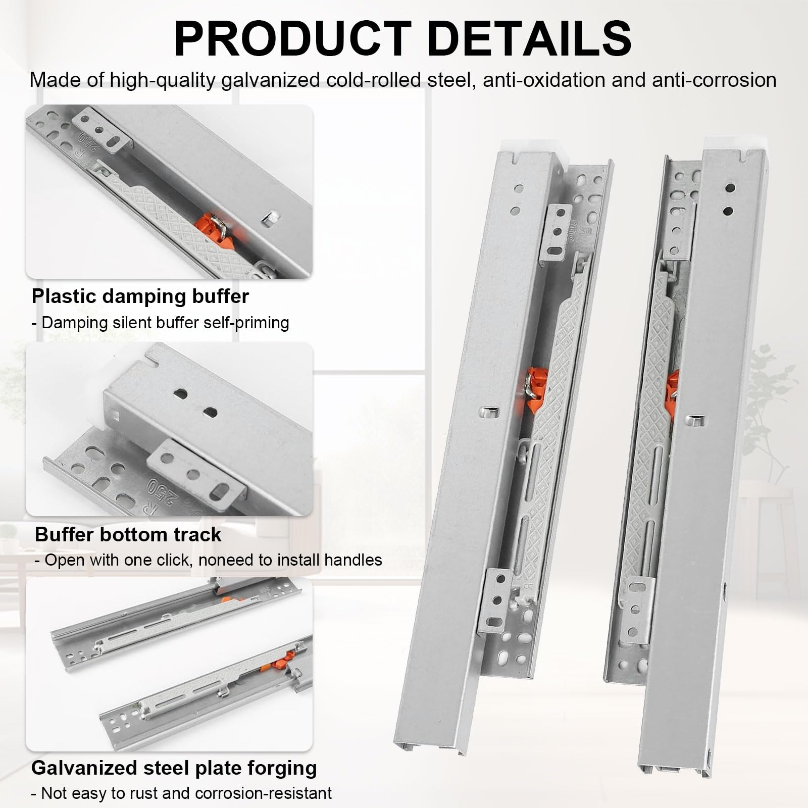 Guide per montaggio a pavimento, 1 paio di 250 mm guide per cassetti, capacità di carico di 40 kg, guide per cassetti autoassorbenti con ammortizzazione