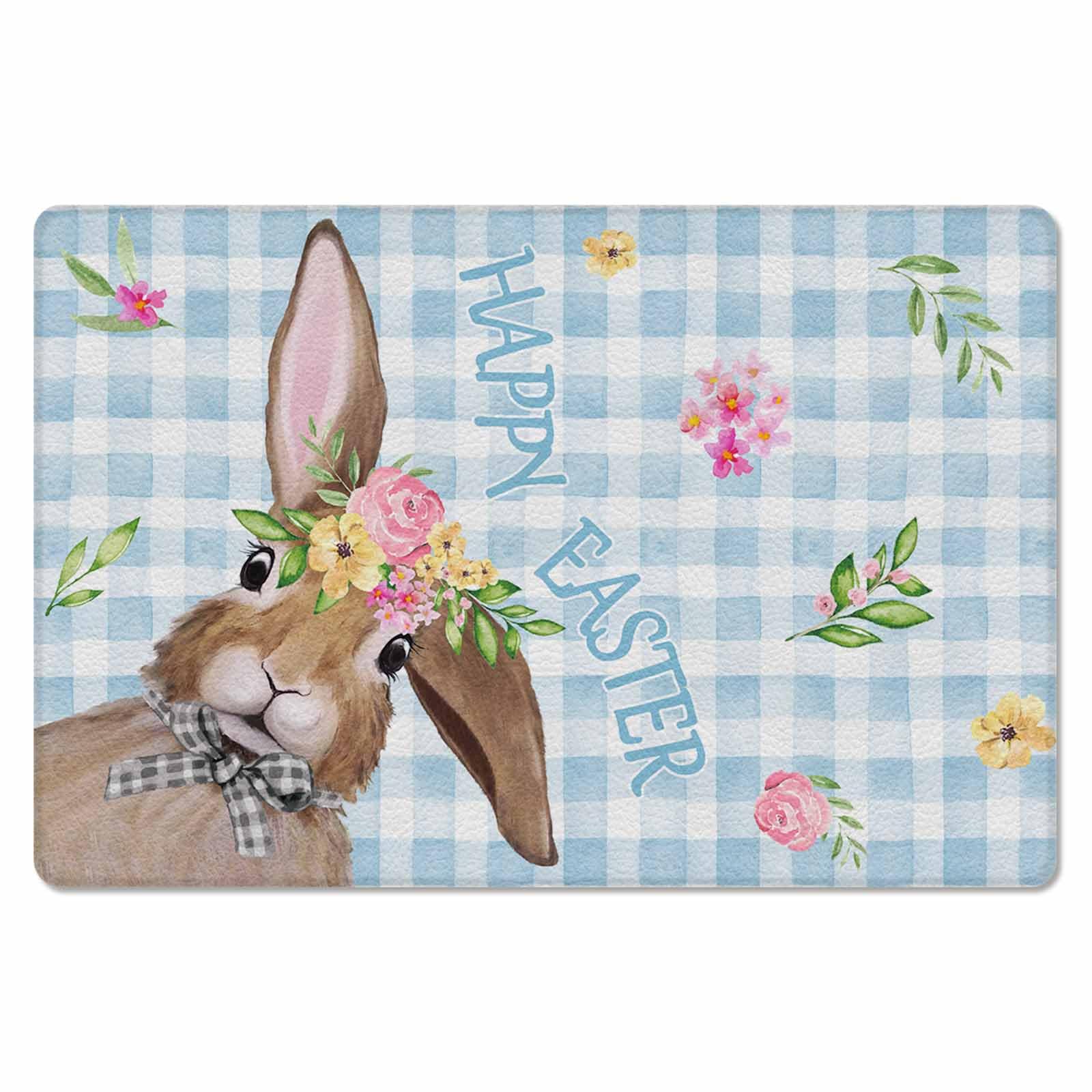 Blue Easter Plaid Kitchen Bath Door Mat Cushioned Runner Rug,Washable Welcome Floor Sink Antifatigue Mat,Waterproof & Non-Slip Comfort Standing Doormat,Easter Rabbits Spring Bunny Flowers 24