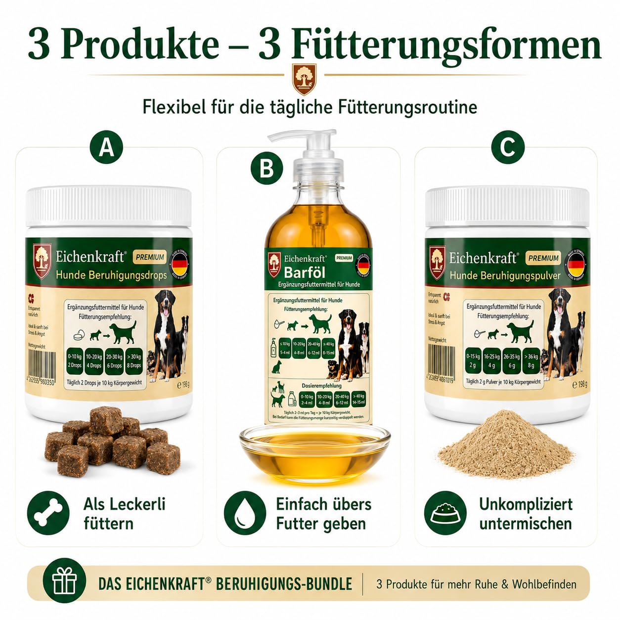 Beruhigungsmittel Hunde 3er Set Kausnacks Beruhigungspulver Lachsöl Barf Öl