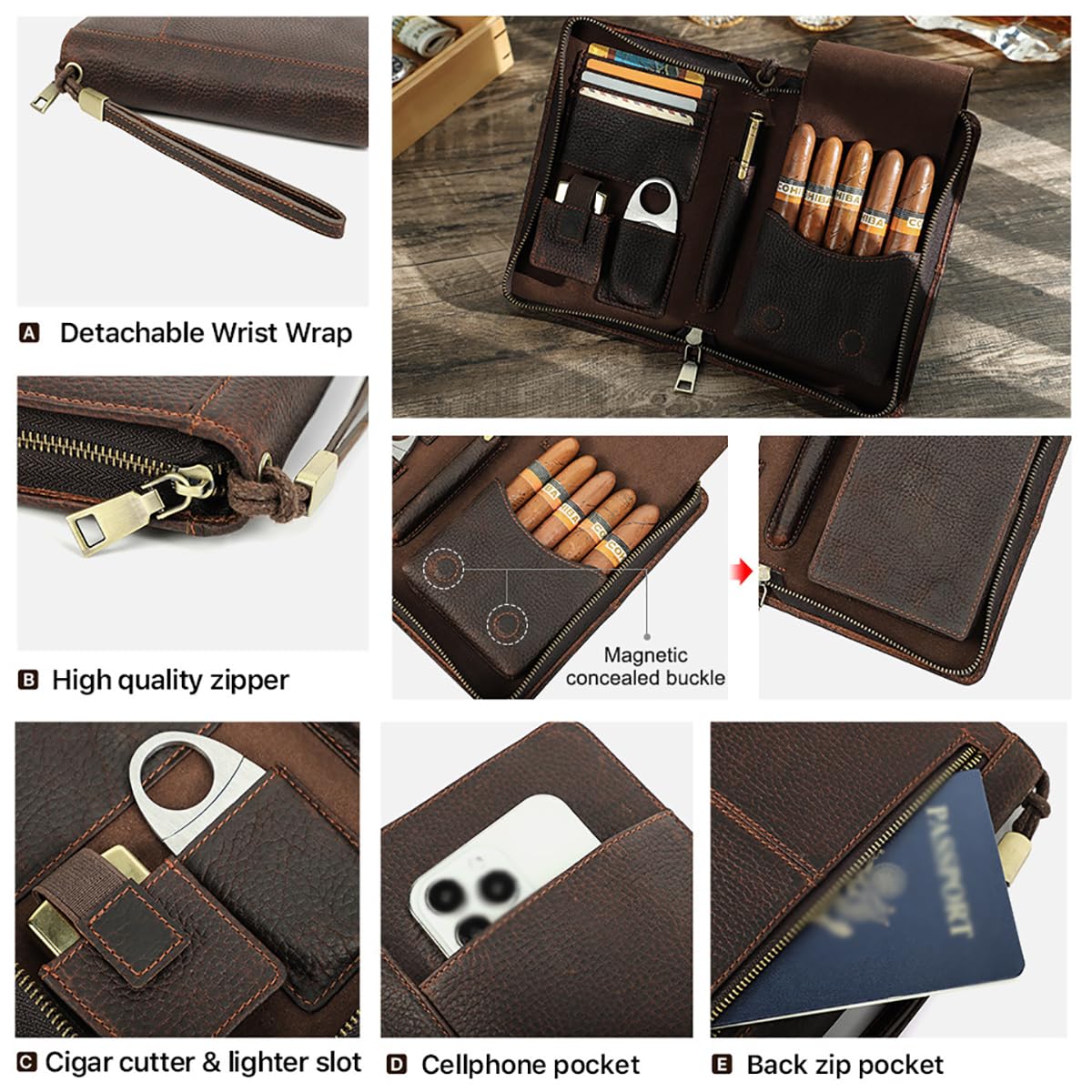 Borsa per Sigari da Uomo, Custodia per Sigari in Pelle da Viaggio, Pochette da Uomo per 5 Sigari Borsa Portaoggetti Portatile per Il Cambio