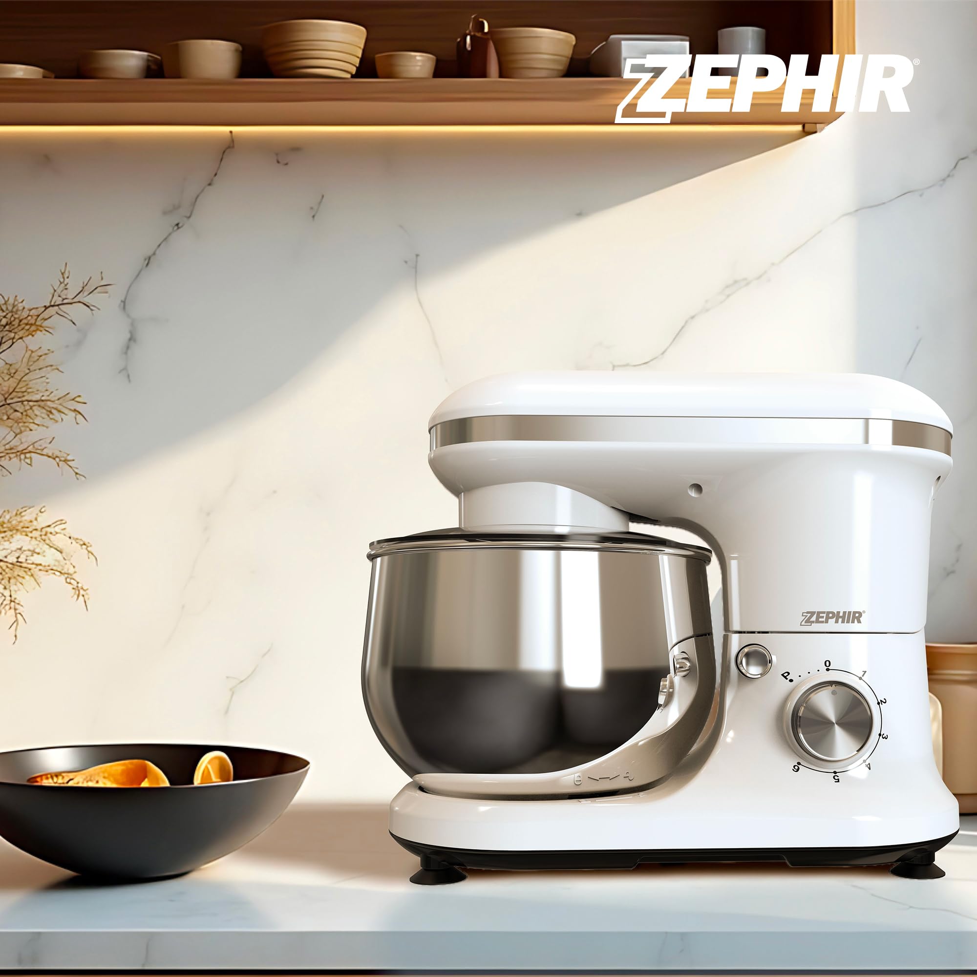 Zephir Impastatrice Deluxe 1000W con Ciotola in Acciaio 5,0L, 6 Velocità + Pulse, Accessori Inclusi, Ingranaggi in Acciaio, Corpo in ABS