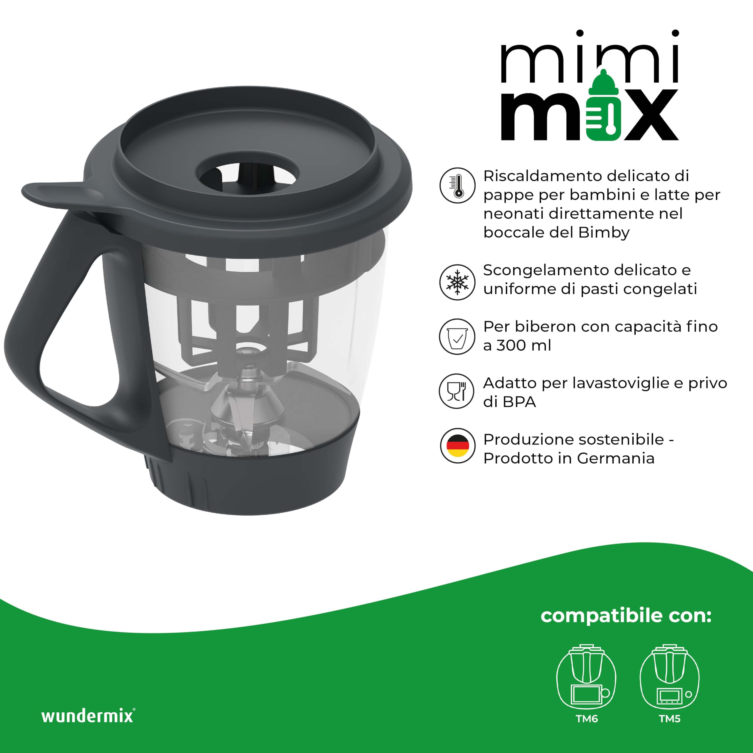 Wundermix - Mimimix® - Scaldabiberon per Thermomix (TM7, TM6, TM5) • Scalda Delicatamente Il Cibo e Il Latte per Bambini • Sterilizza i biberon nel Thermomix