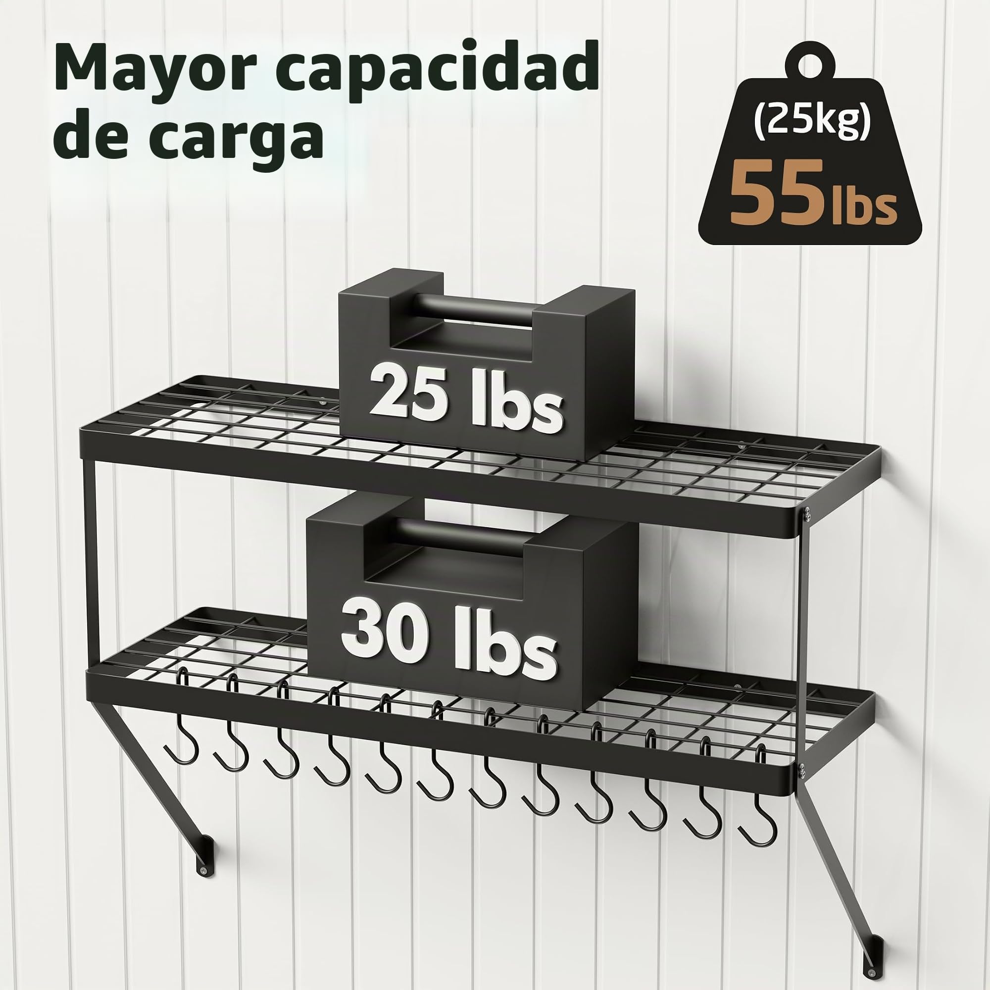 KES Estanteria Cocina para Ollas y Sartenes Estantes para Colgar con 12 Ganchos Almacenaje Organizador 2 Niveles 75CM Negro, KUR218S75B-BK