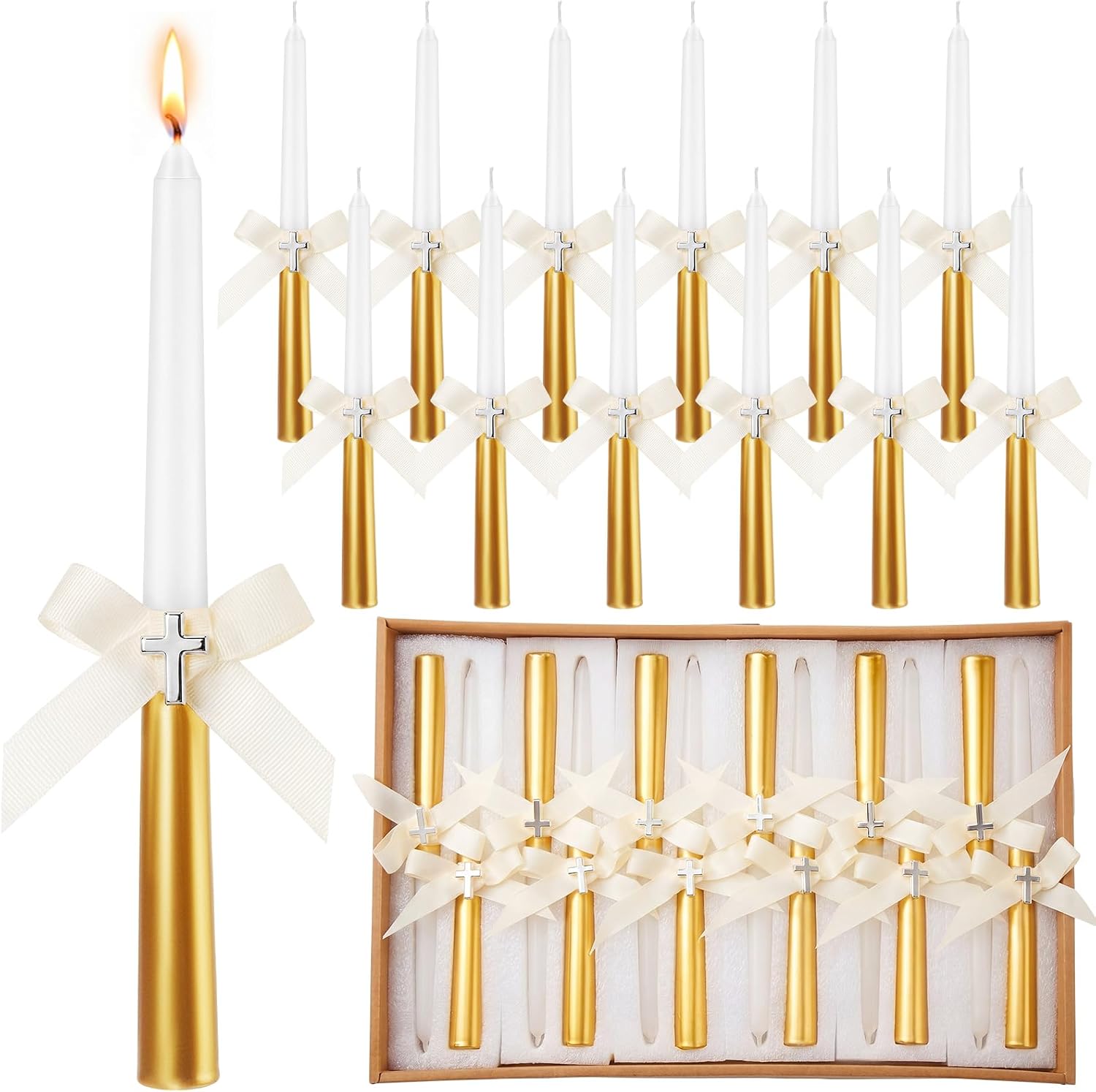 MTLEE 12 Pcs Baptism Favor Gold Bow Candles with Cross Baby Shower Favors Religious Holy Communion Christening Gifts for Christian Guests Party Wedding Birthday