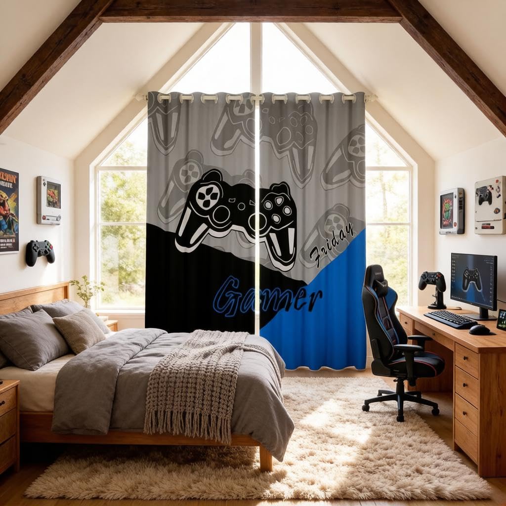 Loussiesd Gamer Curtains for Bedroom Teens Boys Gaming Curtain Gamepad Home Player Video Game Window Drapes Kids Grommet Treatment Black Blue Grey W66*L90… — image 1