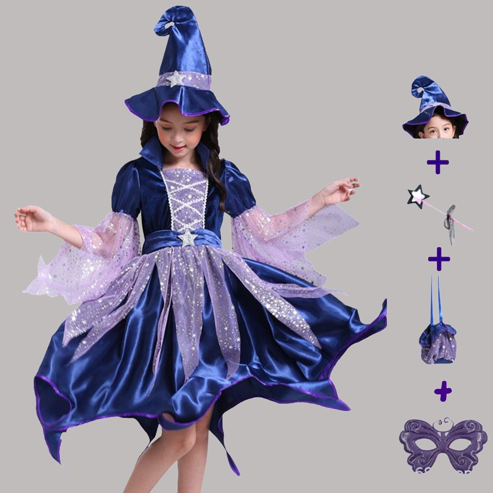Costume Strega Bambina Completo 4 Pezzi: Vestito a Maniche Lunghe Tulle | Stelle Glitter, Cappello Strega, Bacchetta Magica e Borsetta Tracolla, Abito Cosplay Halloween, Spettacoli Teatrali