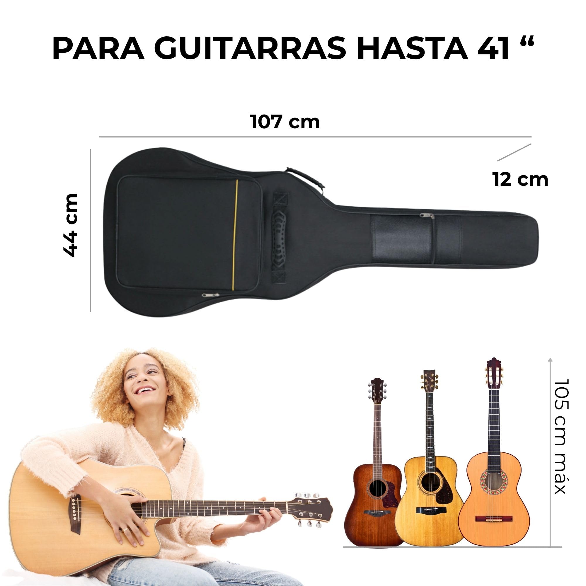 Funda Guitarra española, o acústica – Kit Completo con paño y 3 púas – Protección Acolchada, Ligera y Resistente – Ideal para Empezar cuidando tu Guitarra (Funda de Guitarra Universal, 1)