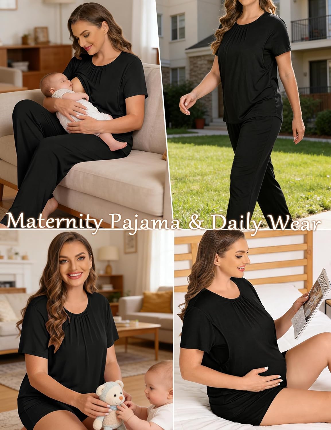 SWOMOG Women 3Pcs Maternity Pajama Set Nursing Pjs Pregnancy Set Breastfeeding Pjs Double Layer with Pockets - Image 5