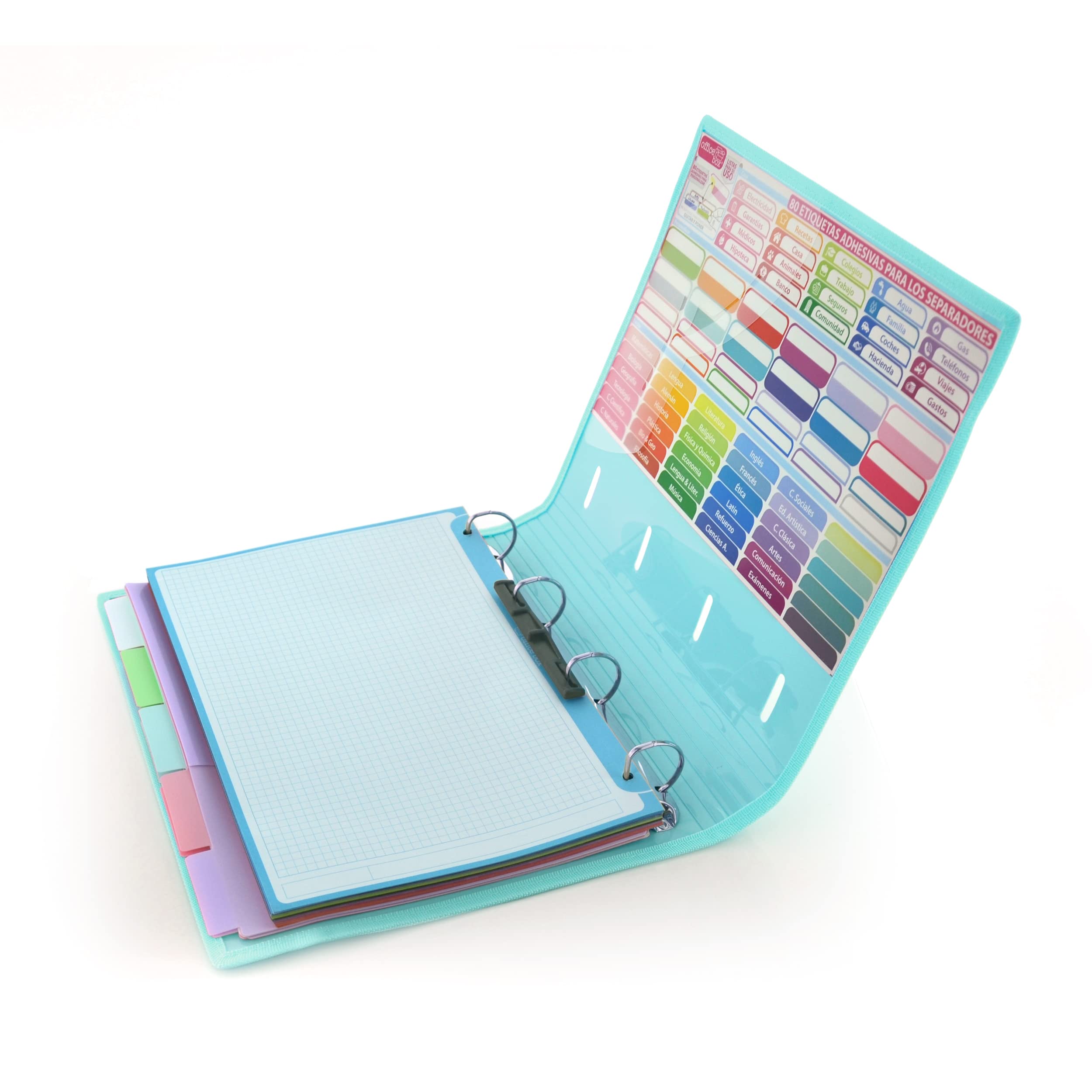 Carpeta & Block A4 Blush Pastel - Carpeta de 4 Anillas con bordes reforzados y Cierre de Gomas - Incluye 100 hojas con10 Separadores Dobles mas 80 Indicadores adhesivos by Office Box (Azul Blush)