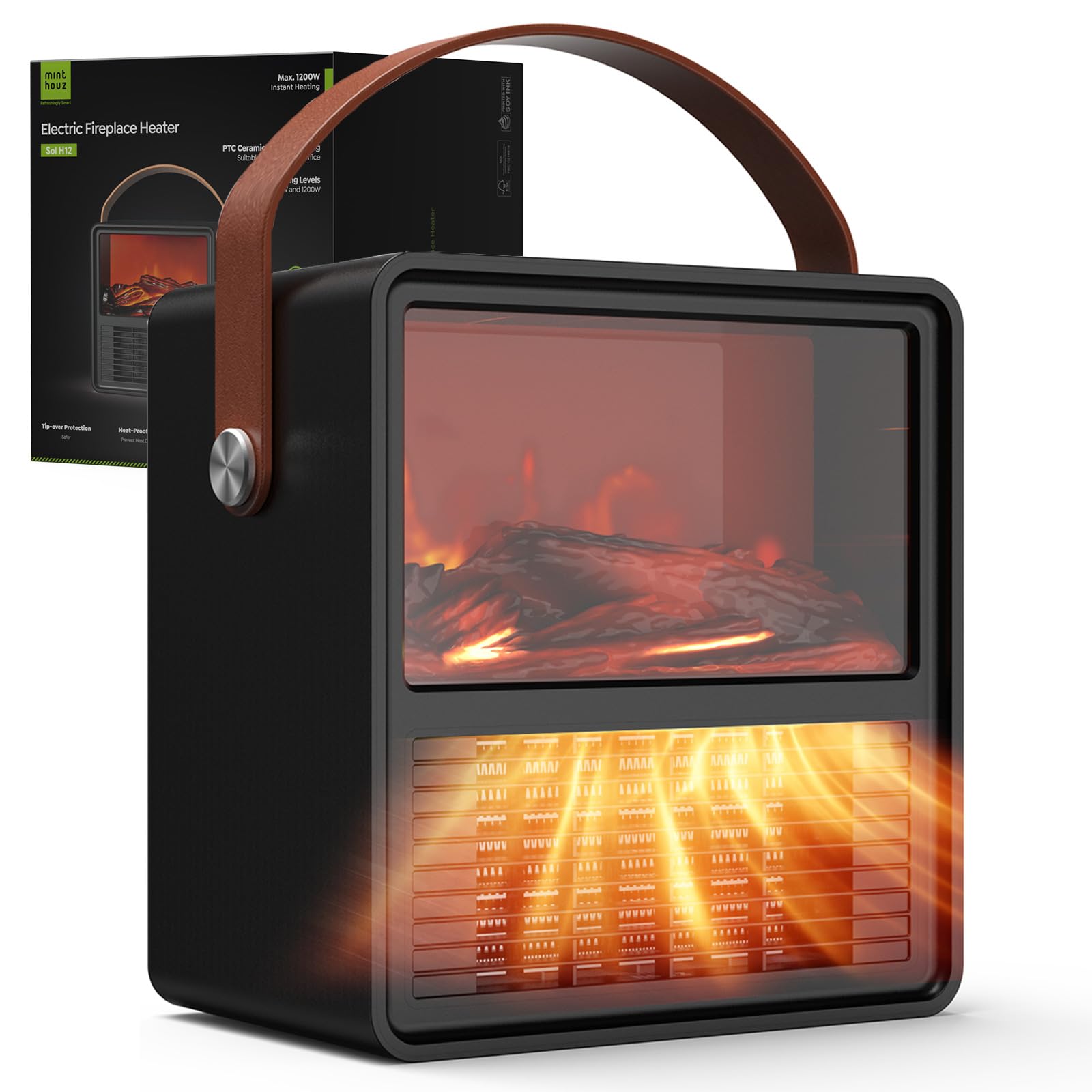 Minthouz Termoventilatore Elettrico 1200W/800W con Effetto Fiamma 3D, Termostato Regolabile, Sicuro, Basso Rumore, Protezione da Surriscaldamento e Ribaltamento, per Camera da Letto e Ufficio