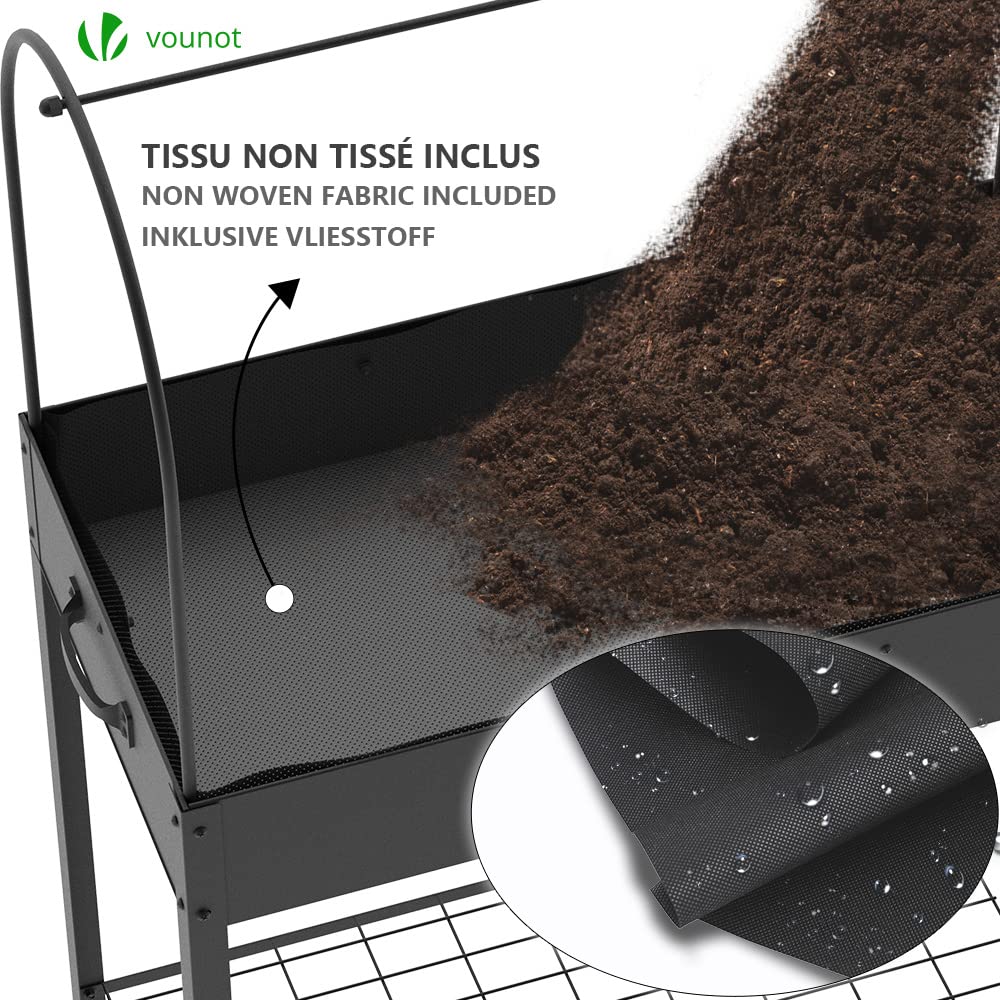 VOUNOT® Huerto Urbano Terraza Mesa de Cultivo Cubierta de Protección, Jardinera Elevada con Ruedas Asa Lateral y Estante Inferior, para Plantas Flores Verduras Jardín Interior Exterior, Negro