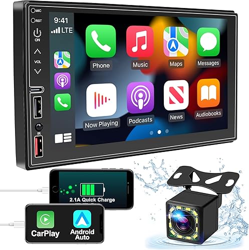 Radio estéreo de doble DIN para automóvil control de voz Apple Carplay y Android Auto pantalla táctil LCD HD de 7 pulgadas Bluetooth reproductor de