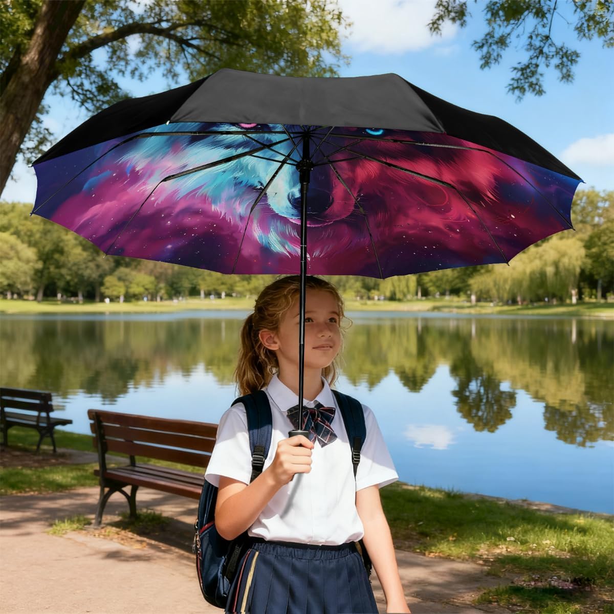 Space Cool Wolf Folding Umbrella Windproof Compact Lightweight Travel Umbrella with 8 Reinforced Ribs, Portable UV Sun & Rain Protection for Men & Women