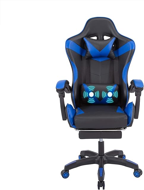VONLUCE Wheeled High Back Recliner Gaming Chair | Leather Office Computer Desk Chair with Lumbar Support Massage | Ergonomic Gamer Chair Adj Height Headrest Armrest Footrest for Adults (Blue)
