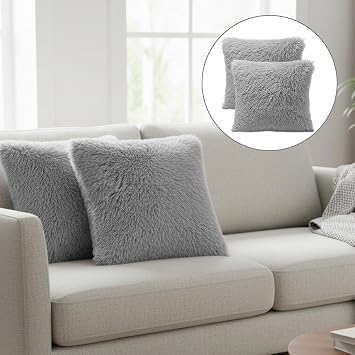2 Pack Grey Cushion Covers, Fluffy Cushions, Faux Fur Cushion Covers, Soft and Cozy, 43x43cm, for Living Room, Bedroom, Sofa